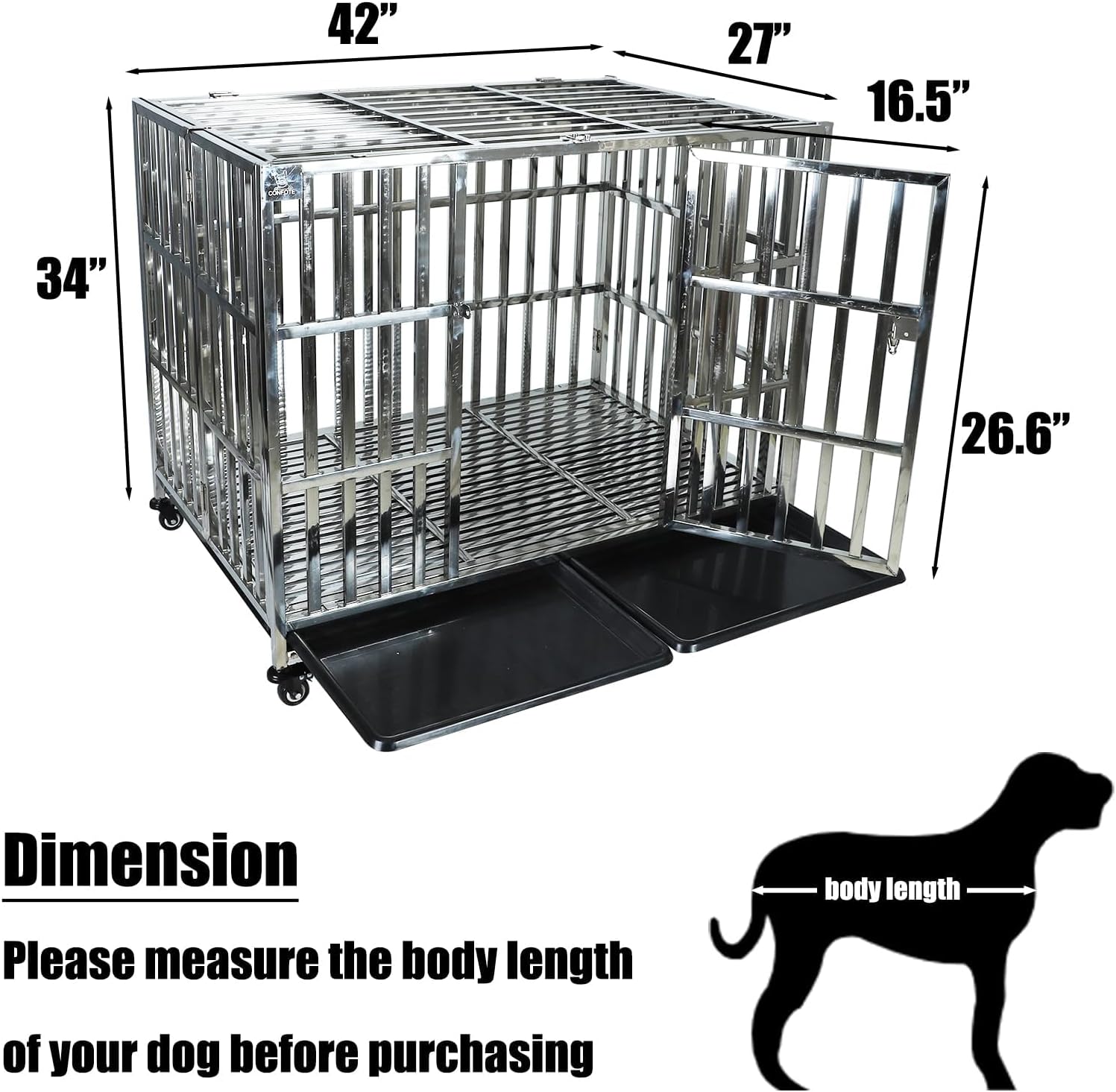 Confote 37/47 Inch Heavy Duty Dog Crate Metal Cage Kennel, High Anxiety Pet Cage with Lockable Wheels & Double Doors for Small Medium Large Dogs (SS-42)