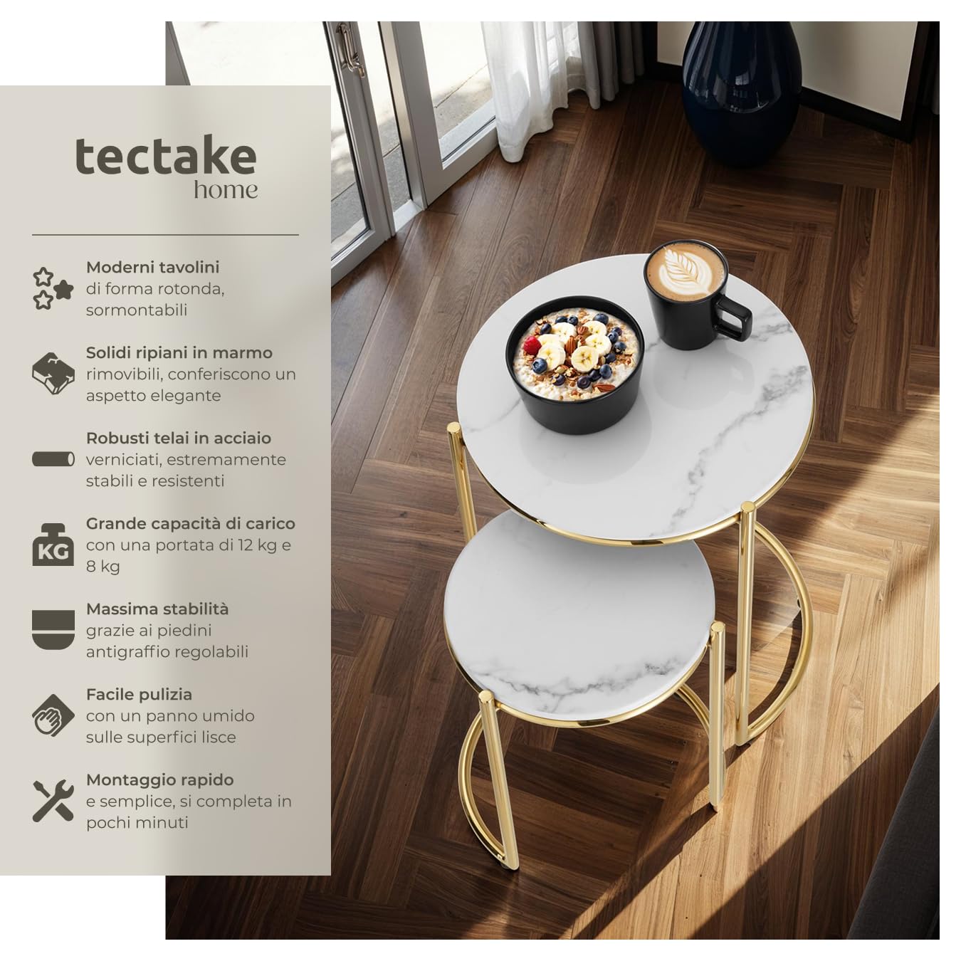 tectake® Set di 2 tavolini salotto in marmo, base in metallo, tavolino da caffè, tavolo basso rotondo, tavolino basso in marmo moderno per salotto, soggiorno,metallo, tavolo da balcone - Bianco/Oro