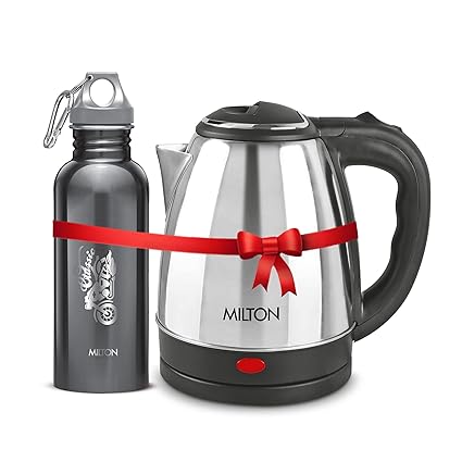 Milton Euroline Combo Set Go Electro Stainless Steel Electric Kettle, Silver, 1.2 Litre, 1 Piece And Alive Stainless Steel Water Bottle, Black, 750 Ml, 1 Piece - 1500 Watts