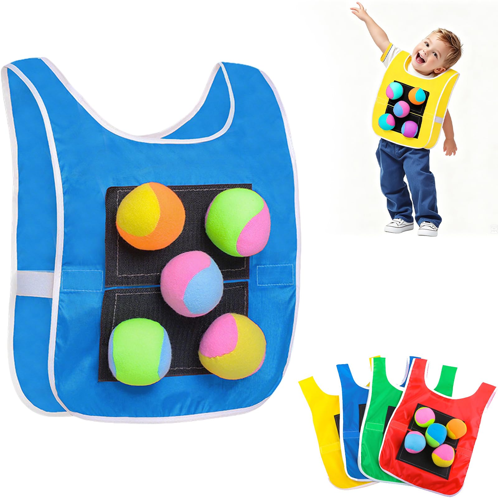 FUNLOV Dodgeball Target Set, Sticky Vests with 5 Soft Fleece Tag Balls, Catch Target Vest, Kids Throwing Game, Outdoor Family and Sports Activities for Kid and Parents Outside Play (Blue,kid)
