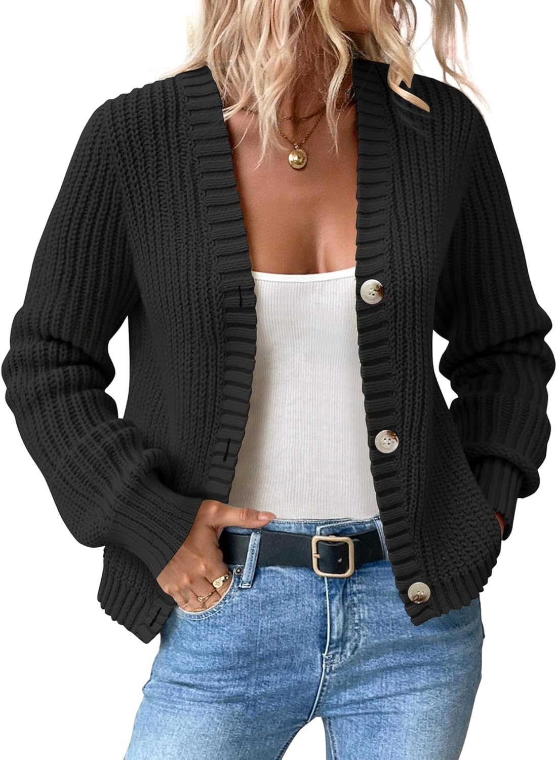 Women’s Chunky Knit Cardigan – Waffle Knit Button Down Oversized V Neck Fall Sweater for Casual Layering - Image 2
