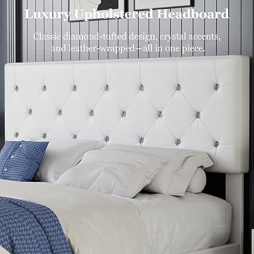 Miniatura 32 de VECELO Base de cama de tamaño individual, plataforma tapizada con cabecera ajustable de diamante, soporte de listones de madera, no necesita somier,