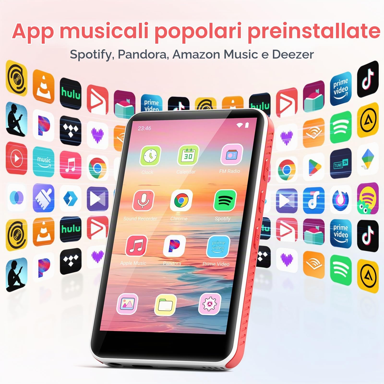 192GB Lettore MP3 con Bluetooth e WiFi, Android 13.0, RAM:4GB, 4,0" HD Schermo Tattile MP4 Lettore con Altoparlante, Portatile Spotify Lettore con Play Store (Bianco + Rosso)