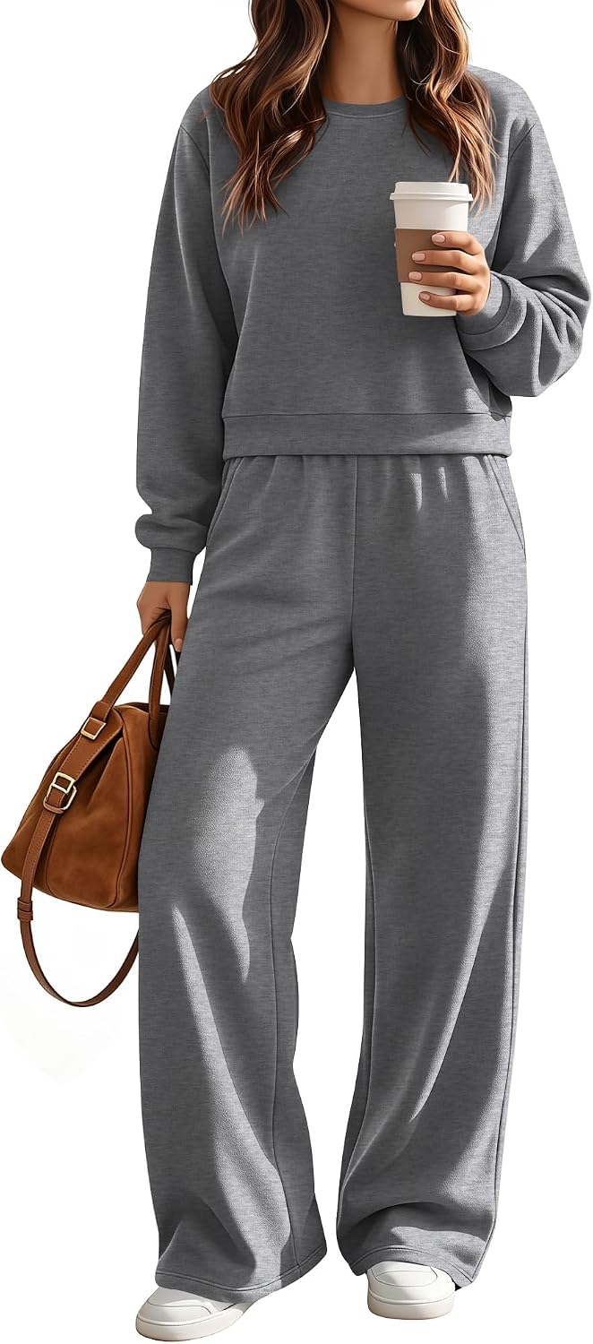 Ficerd Women's Sweatsuits 2 Piece Set Matching Lounge Sets Long Sleeve Cropped Sweatshirt Wide Leg Sweatpants Fall Tracksuit