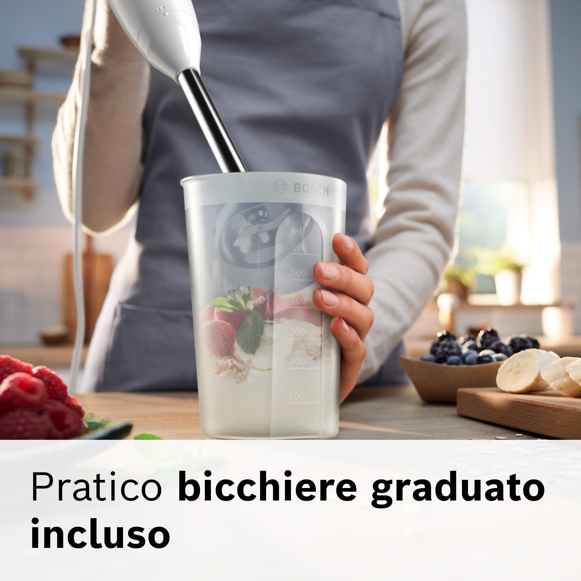Bosch Frullatore a Immersione MSM24100, 400 Watt, Impugnatura Ergonomica, Piede in Acciaio Inox, Pratico Bicchiere Graduato Incluso, Bianco, Rosso