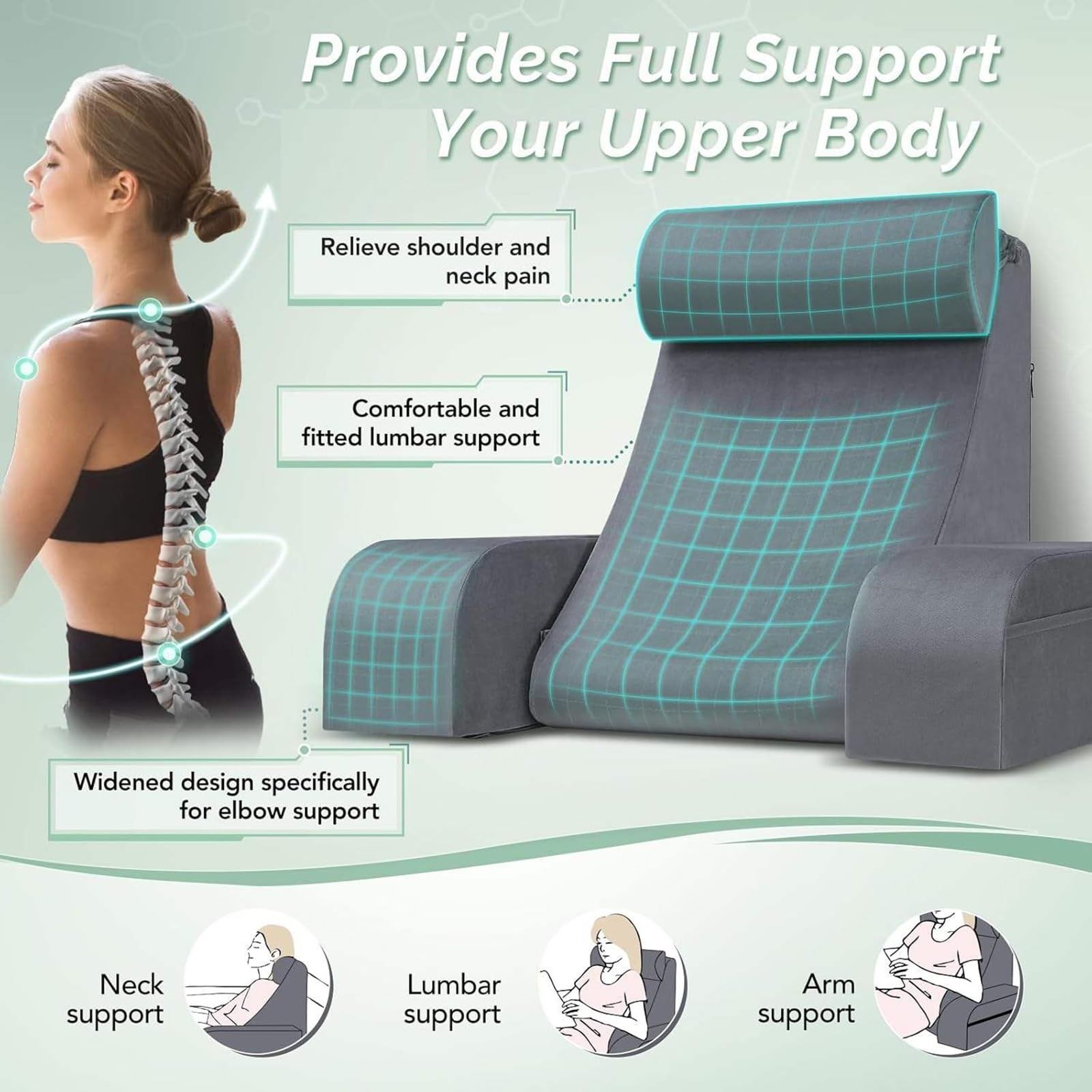 Cojín para la espalda, cojín de lectura para cama y sofá con reposabrazos y almohadas extraíbles, cojín de respaldo para cama, cojín de pared, cojín multifunción para leer, jugar, ver la