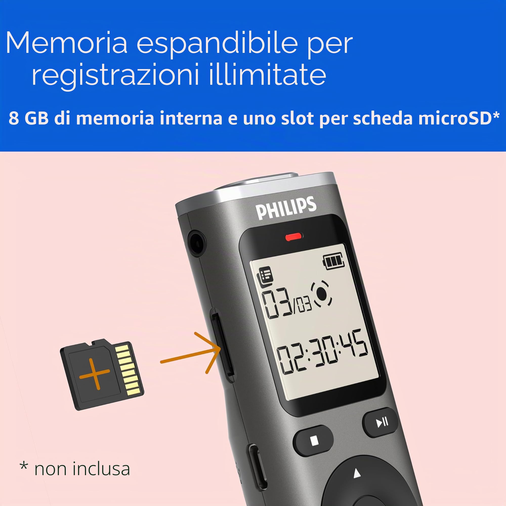 Philips DVT1170 VoiceTracer, Registratore audio, 8GB, slot per scheda micro SD