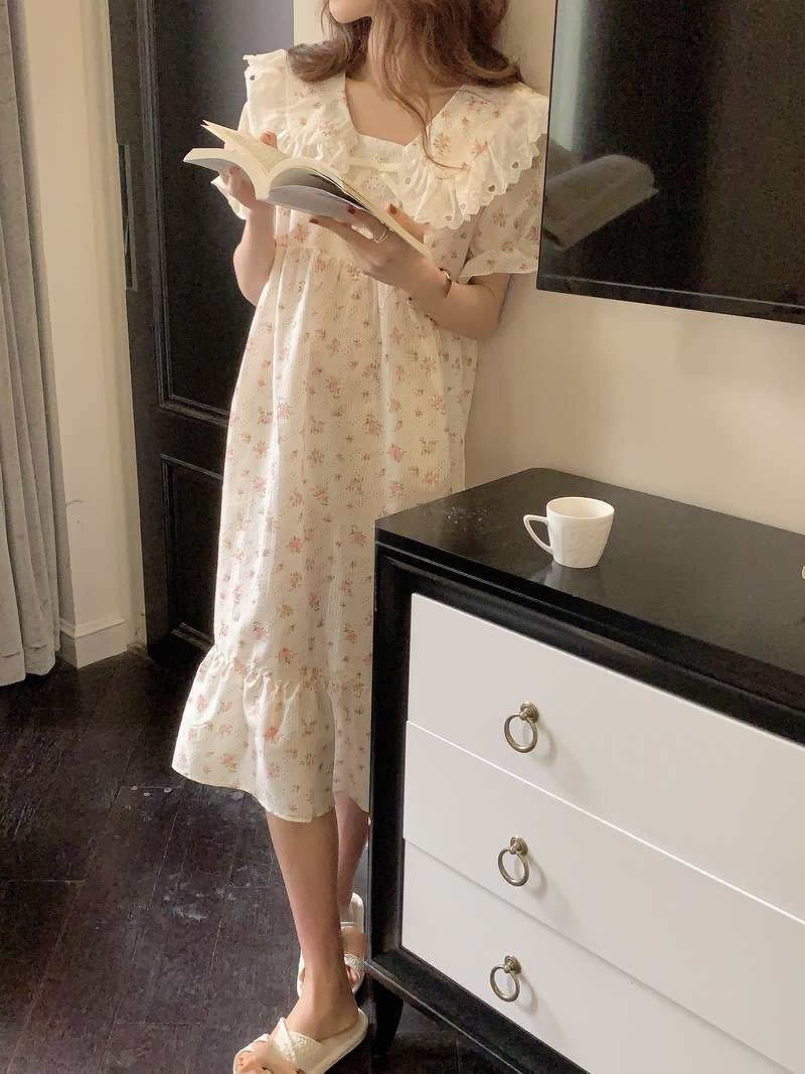 Kleines, Frisches Nachthemd-Pyjama Für Damen – Sommer, Süßer Blumendruck, Dünnes Maix-Kleid, Mädchen-Nachtwäsche, Homewear-Set Im Prinzessinnen-Stil, Modisches Kurzarm-Rüschen-Design, Langer