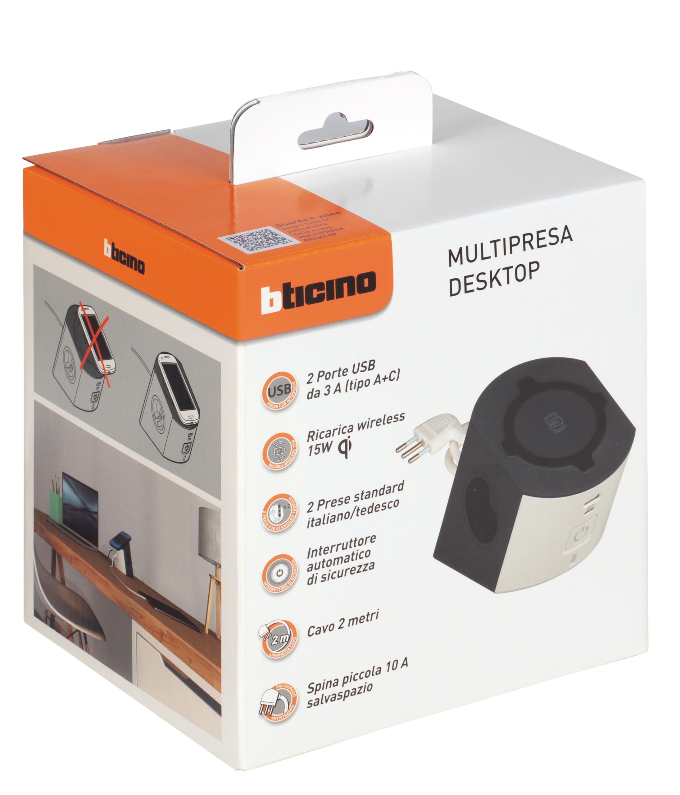 BTICINO Regleta Desktop S3714DBUW, regleta eléctrica de 5 plazas, Cargador inalámbrico 15 W, Tomas USB A+C, 2 Tomas Schuko, regleta eléctrica con Interruptor y LED, Enchufe pequeño 10 A, Cable 2