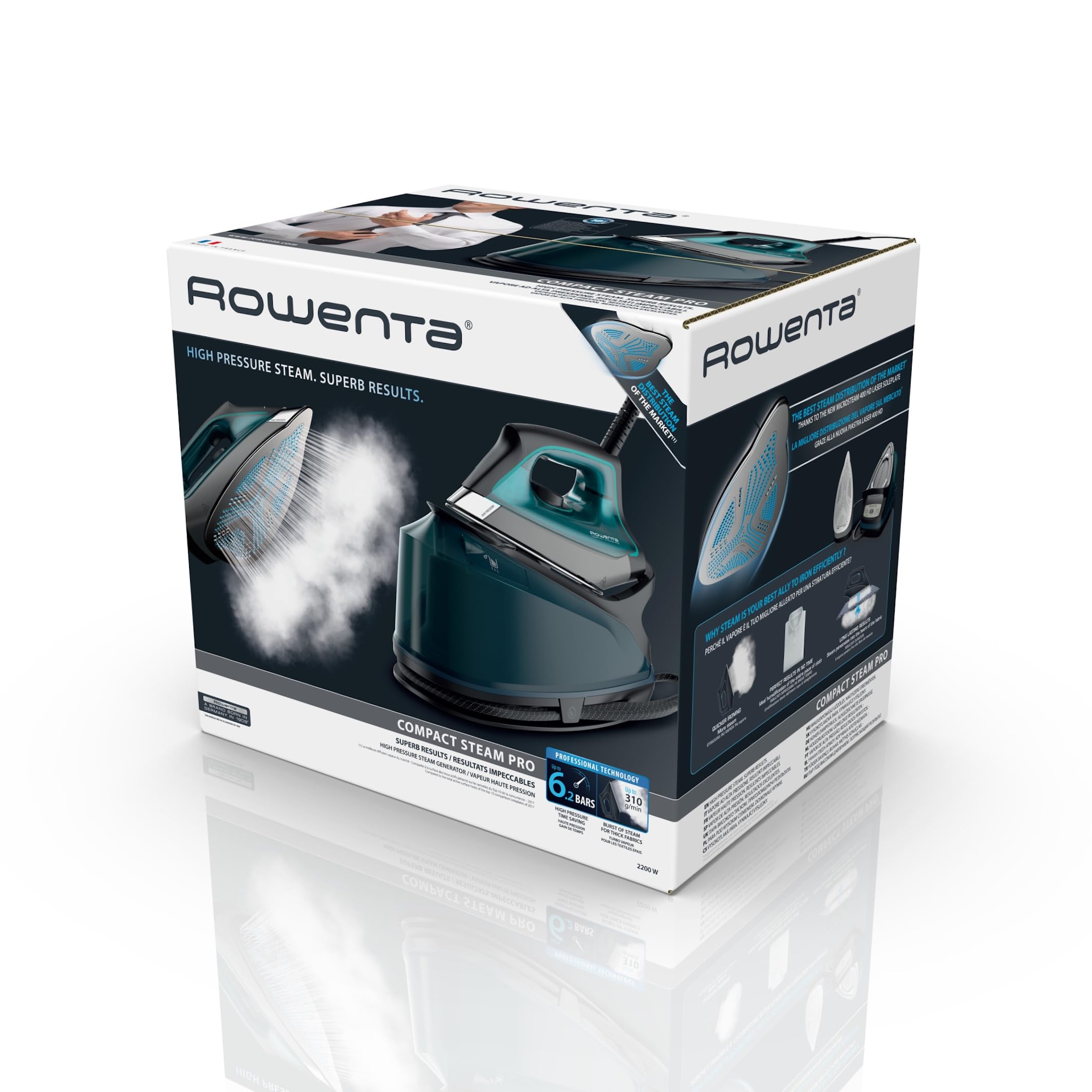 Rowenta DG7621 Compact Steam PRO Ferro da Stiro a Vapore con Caldaia Silenziosa, Pressione Fino a 6.2 Bar, 2200 W, 1,1 Litri, con Tecnologia Eco Intelligence