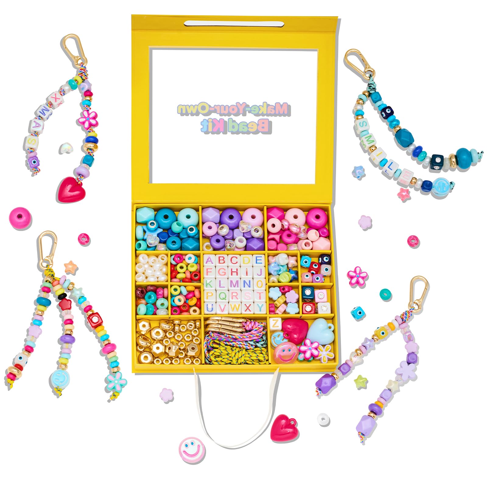 HolidayQbee Kit Perles DIY pour Bijou de Sac et Porteclef - Matériaux Complets avec Perles Formes Coeur/Fleur/Smiley + Lettres Alphabetiques - Accessoire de Sac Personnalisable