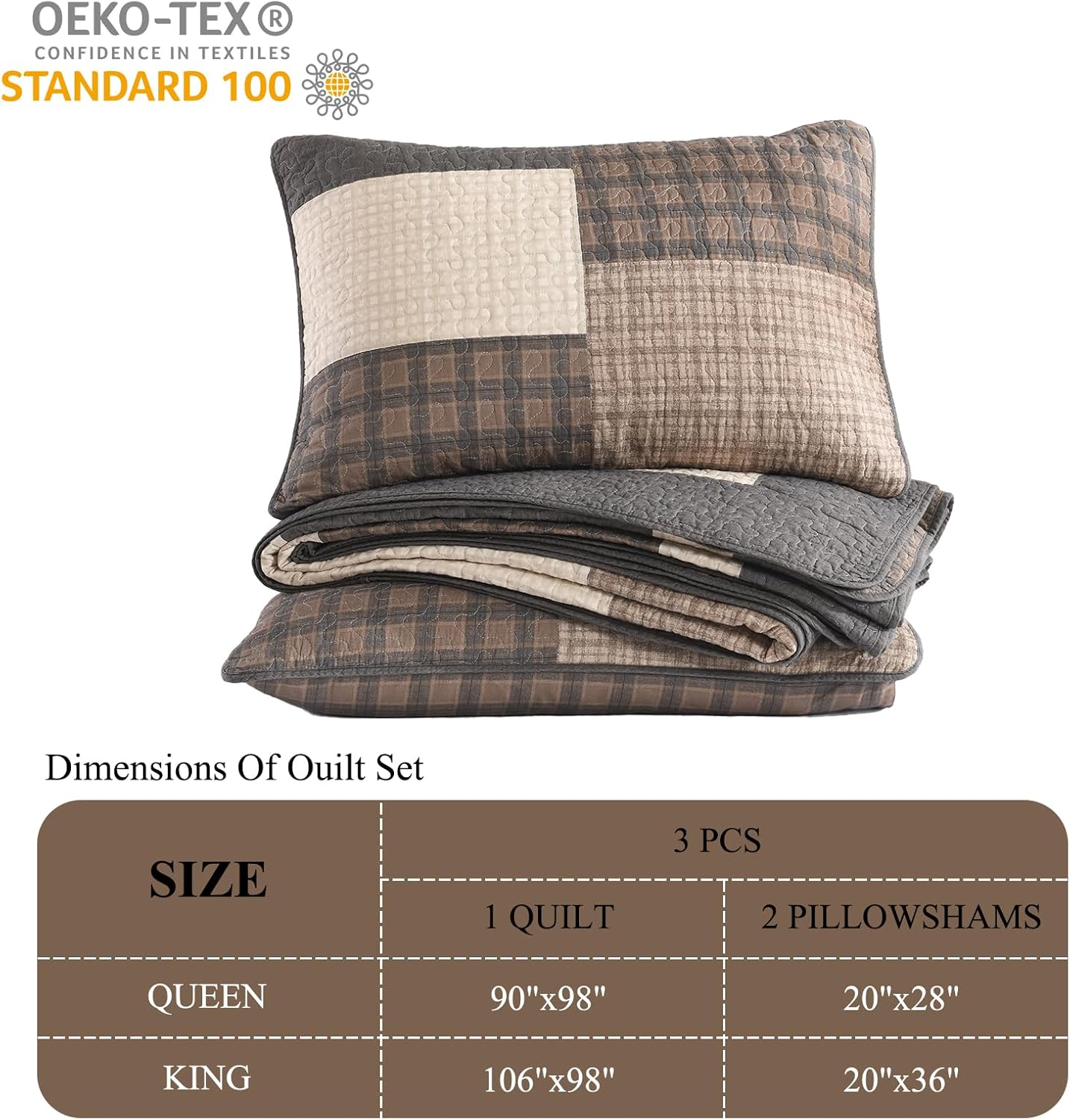 DDUOXIN Farmhouse Plaid King Quilt Set - 100% Cotton Quilts with 2 Pillowcase, Bedspread Lightweight Thin Comforter Bedding Sets for All Seasons, Brown/Dark Brown/Beige/Gray, King(106" W x 98" L)