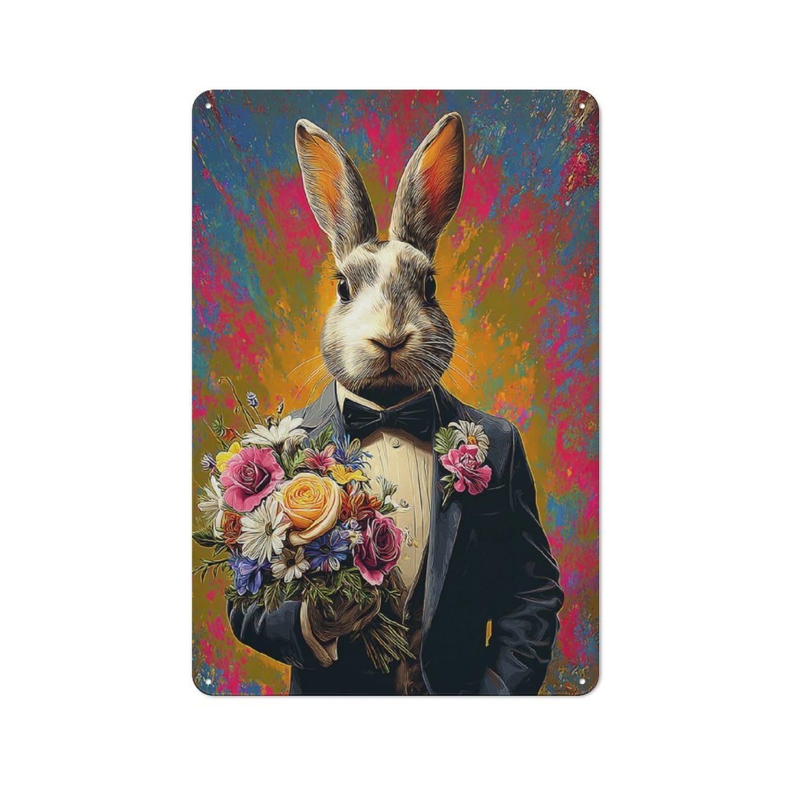 Junmoney Rabbit In Tuxedo With Floral Bouquet -2 Smart Metal Wall Decor 30X20cm, Office Metal Sign For Office, Study, Studio Or Hallway