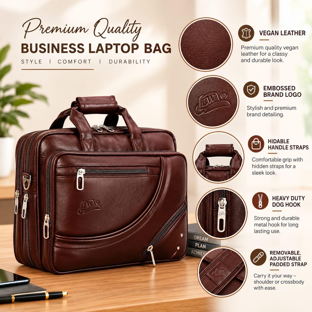 Leather World Vegan Leather 15.6 Inch Laptop Office Briefcase Messenger Bag Satchel for Men and Women, with Adjustable Strap and Expandable Bottom — Amazon image 3