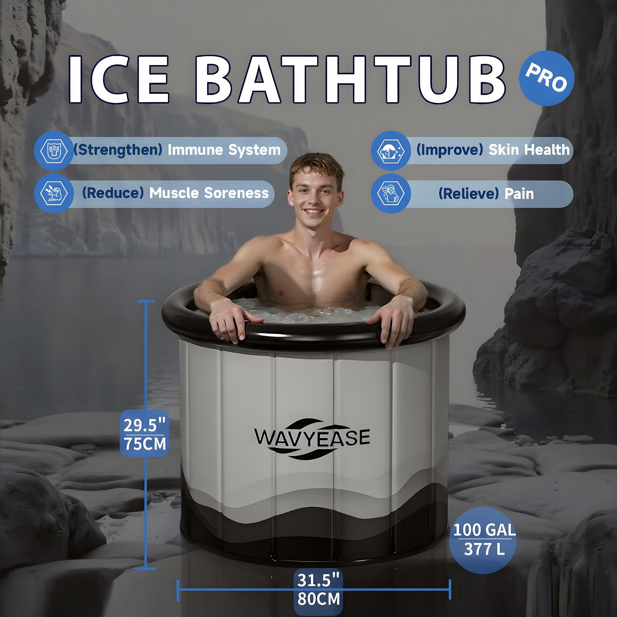 WAVYEASE Baignoire de Glace Pro Portable (Ø80x75 cm) | Pliable avec Housse Isolante | Installation Rapide pour Récupération Sportive, Spa maison & Gym (Gris)