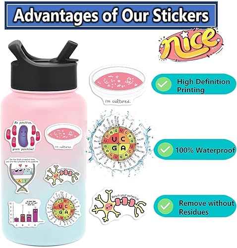 Miniatura 4 de 100 calcomanías de laboratorio científico para botellas de agua, estudiantes, regalos, paquete de calcomanías divertidas de experimentos biológicos,