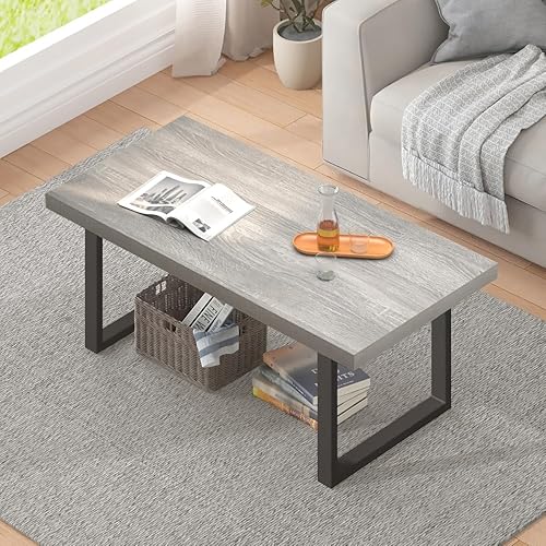 Miniatura 3 de IBF Mesa auxiliar industrial, de madera y metal, mesa central rústica simple y moderna, mesa de cóctel rectangular minimalista de madera para sala