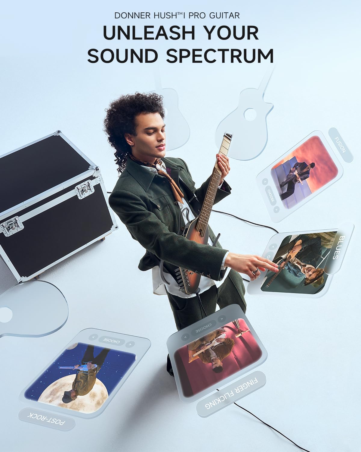 Donner Chitarra Elettroacustica HUSH I PRO Travel, Kit Intelligente con Cuffie e Borsa, Sunburst
