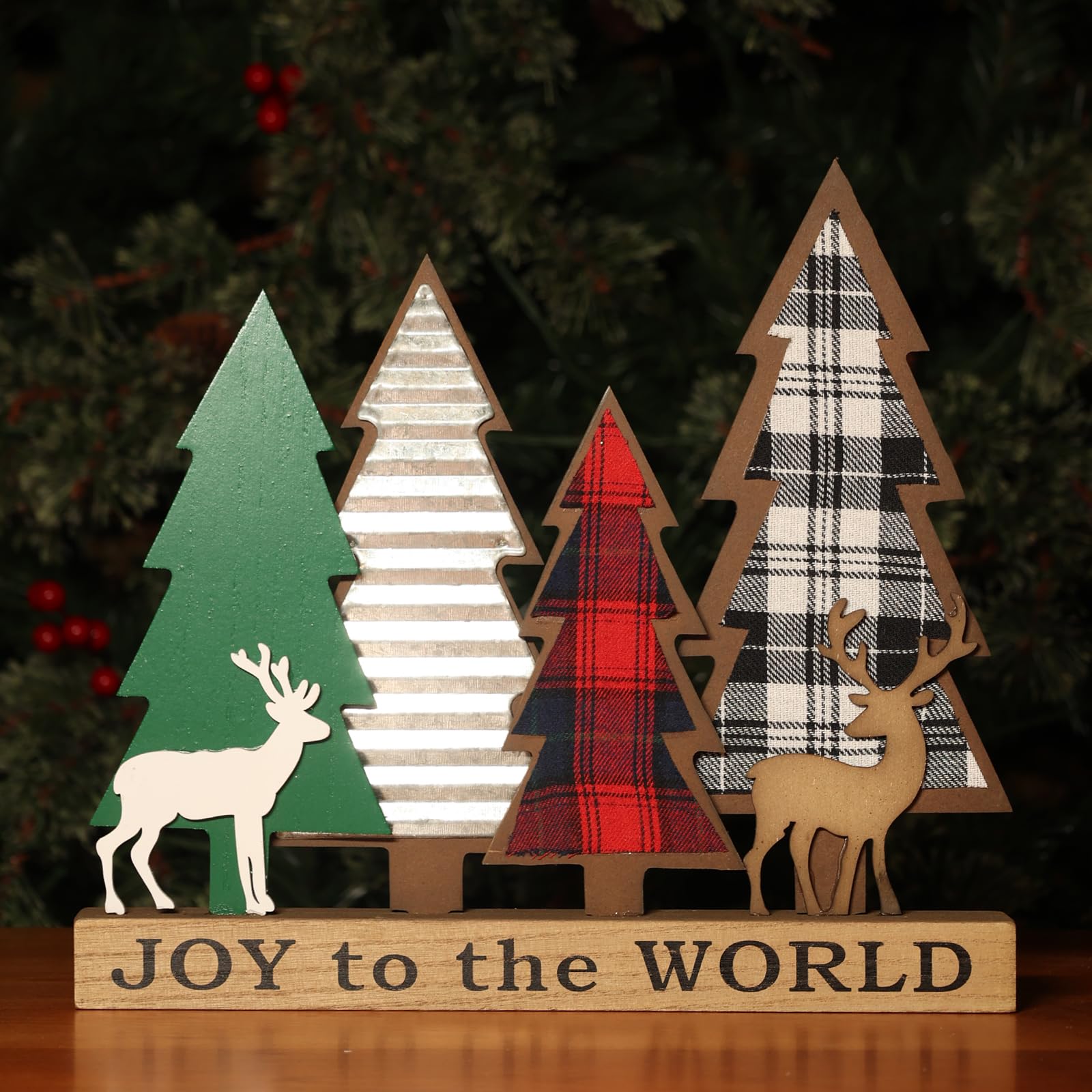DECSPAS Christmas Decorations Indoor, Large Size Wooden Christmas Tree Sign for Christmas Table Centerpieces, Rustic Wood Joy Decorative Block with Reindeer for Tabletop, Mantel, Office Decor
