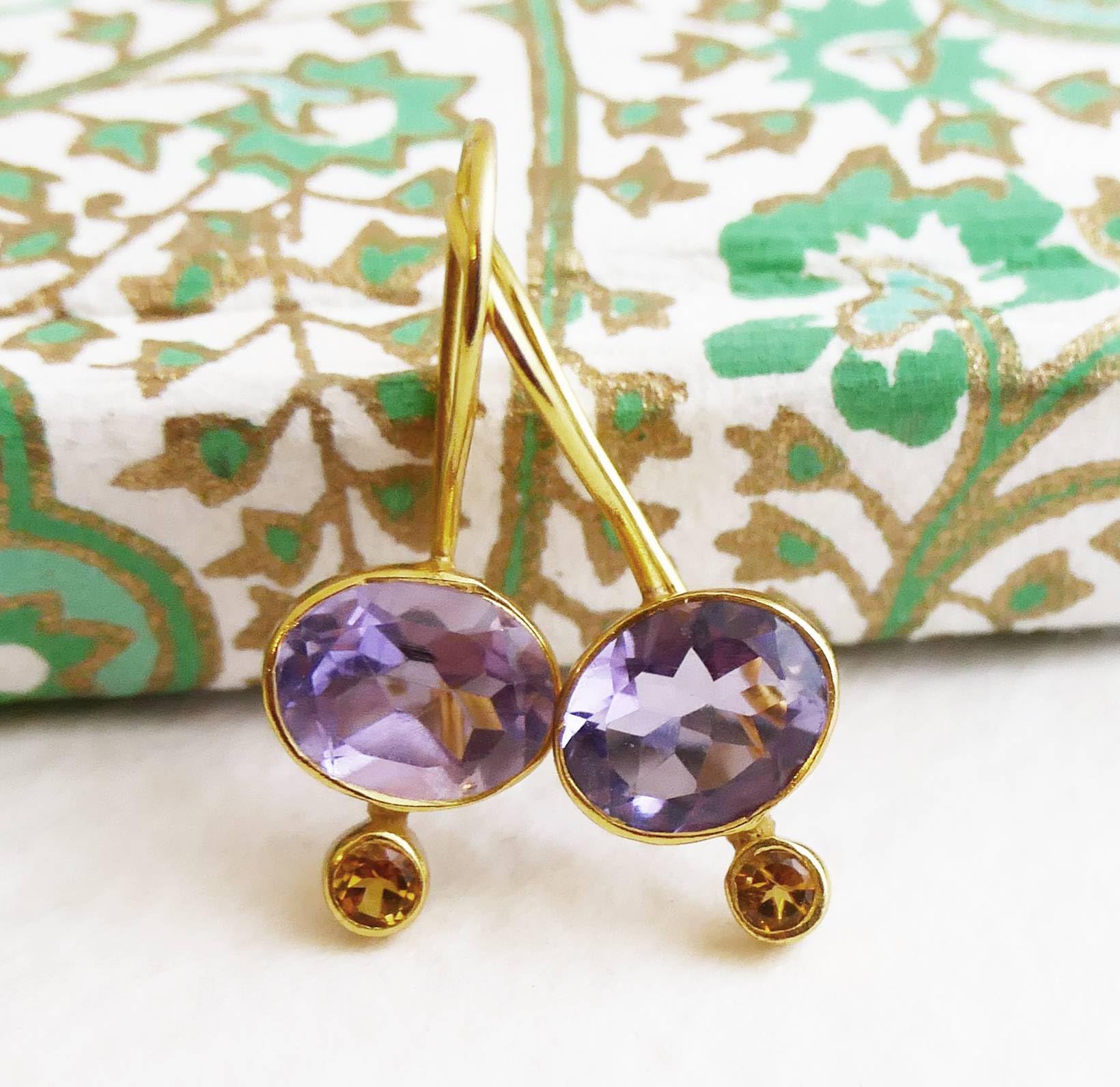 Orecchini Pendenti in Argento Sterling Placcato Oro con Ametista e Citrino - Gioielli Eleganti con Pietre Naturali Viola e Gialle - Stile Raffinato da Donna