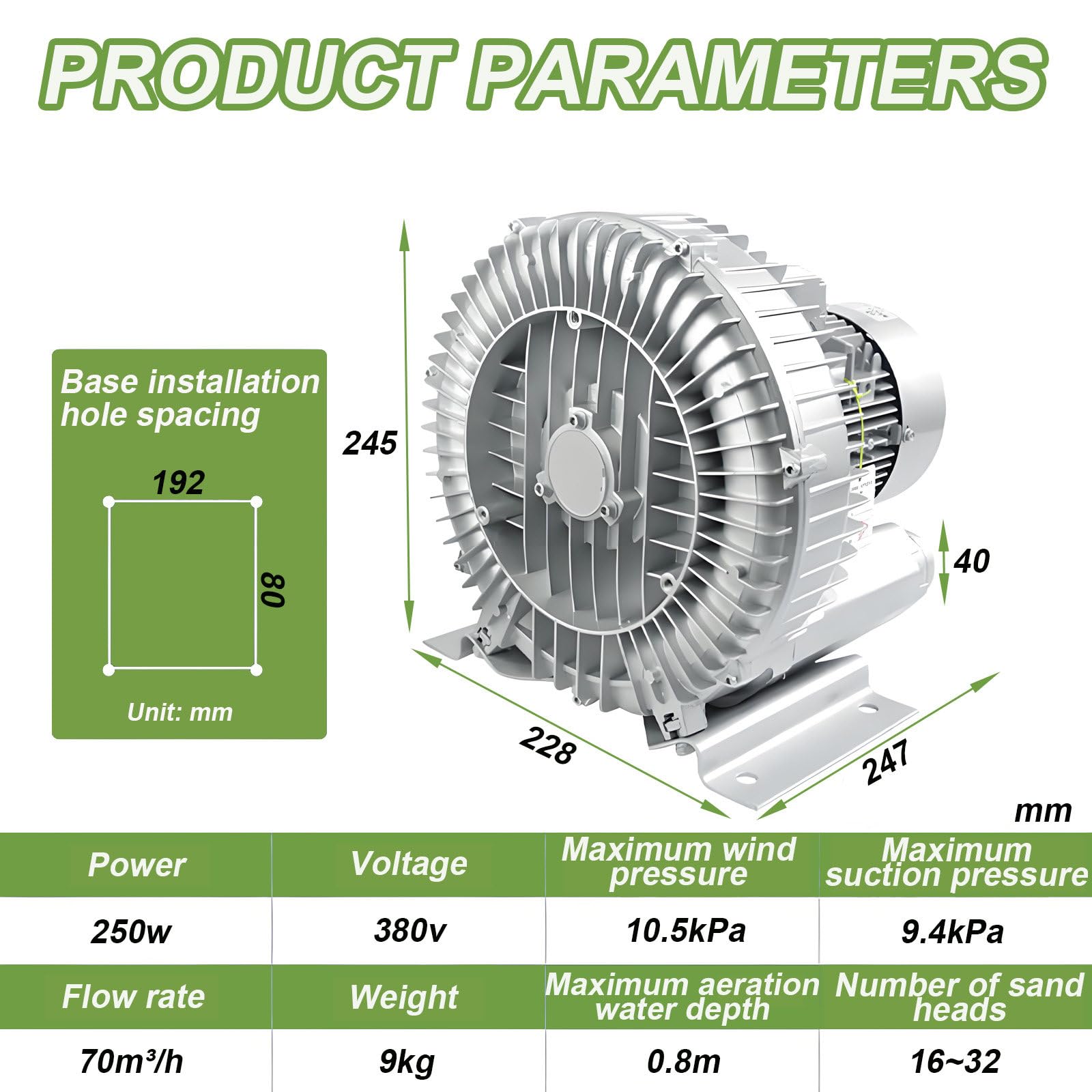 Dmuchawa pierścieniowa wirowa 220 V/380 V, dmuchawa regeneracyjna, pompa próżniowa przemysłowa, do usuwania pyłu w wentylacji fabrycznej i piwnicznej 250W/380V