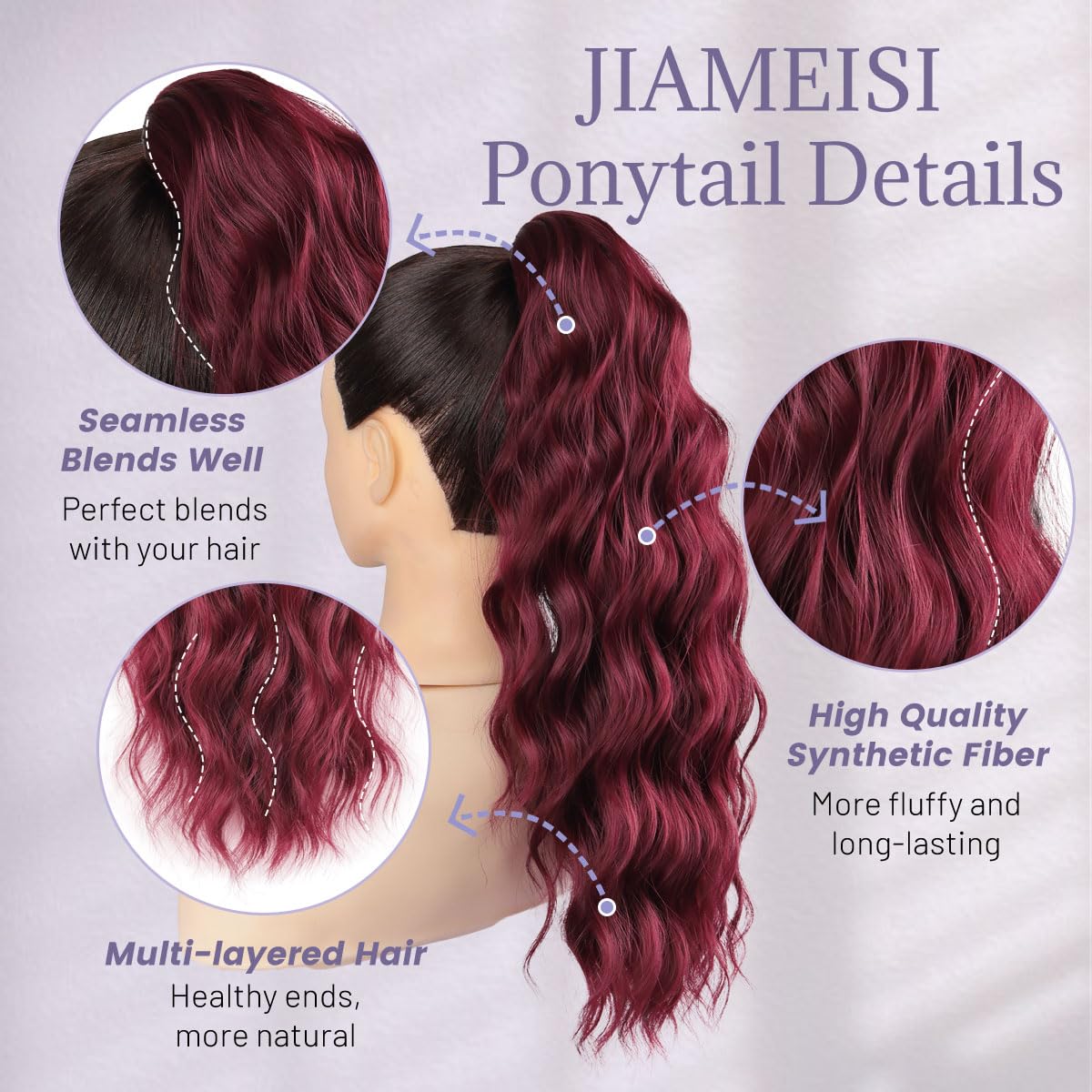 JIAMEISI Claw Clip Ponytail Hair Extensions 18 Inch Ponytail Extension Long Curly Wavy Jaw Clip in Pony Tails Extension Synthetic Fluffy Hairpiece for Women Girls Daily Use Party (Wine Red) - Image 3