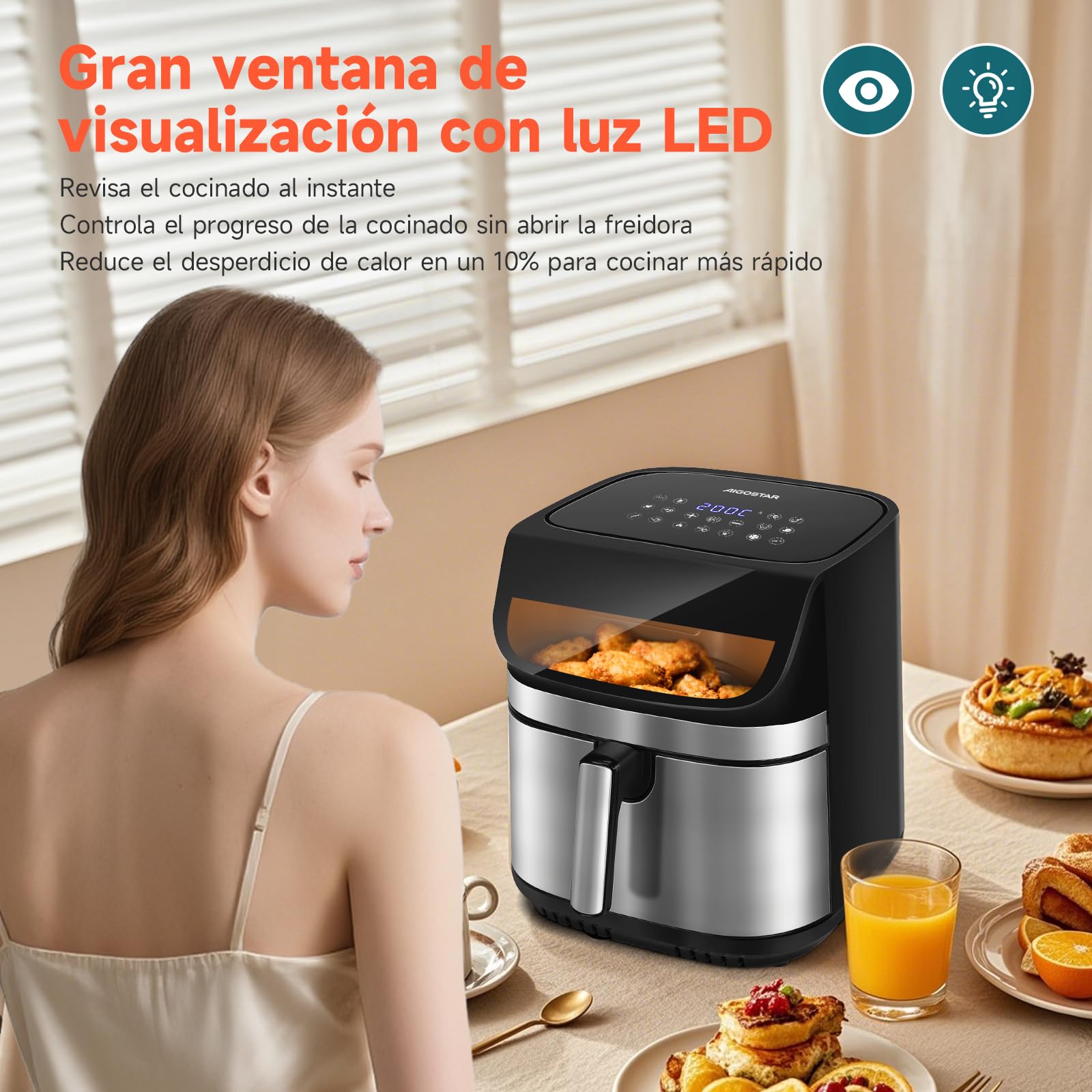 Aigostar Freidora de Aire XXL 8.8L Air Fryer 2200W, Doble Resistencia, 55% Menos Energía, Air Fryer con 13 Programas, Acero Inox Interior, Pantalla Táctil y Ventana, Comunidad Recetas, Negro