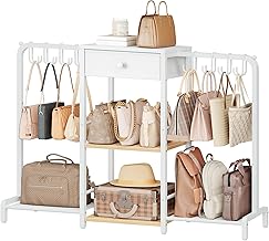 HOOBRO Purse Organizer, Purse Rack Stand with 8 Movable Hooks, Handbag Organizer with Fabric Drawer, 3-Tier Bag Shelf for Closet, Purse Display and Bag Organizer, Natural and White WN97CJ01