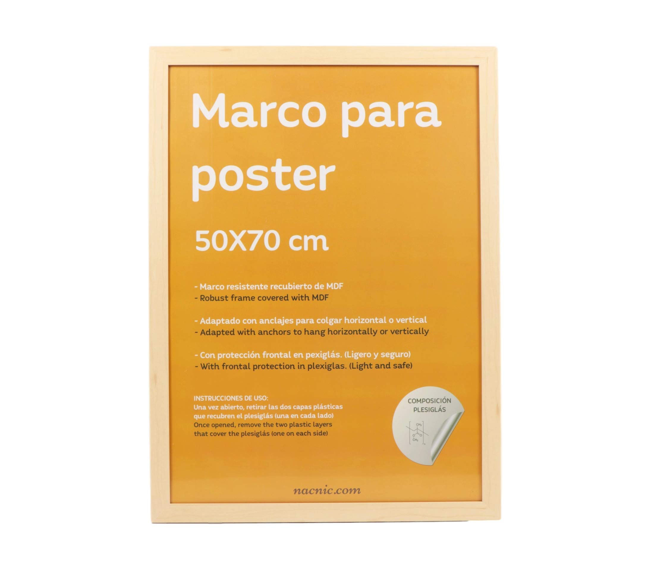 Nacnic - Marco de Madera MDF Clara y Vidrio Acrílico | Protección y Expositor de Fotografías, Láminas, Pósters, Cuadros y Decoración para Salón, Dormitorio u Oficina | 50x70 cm