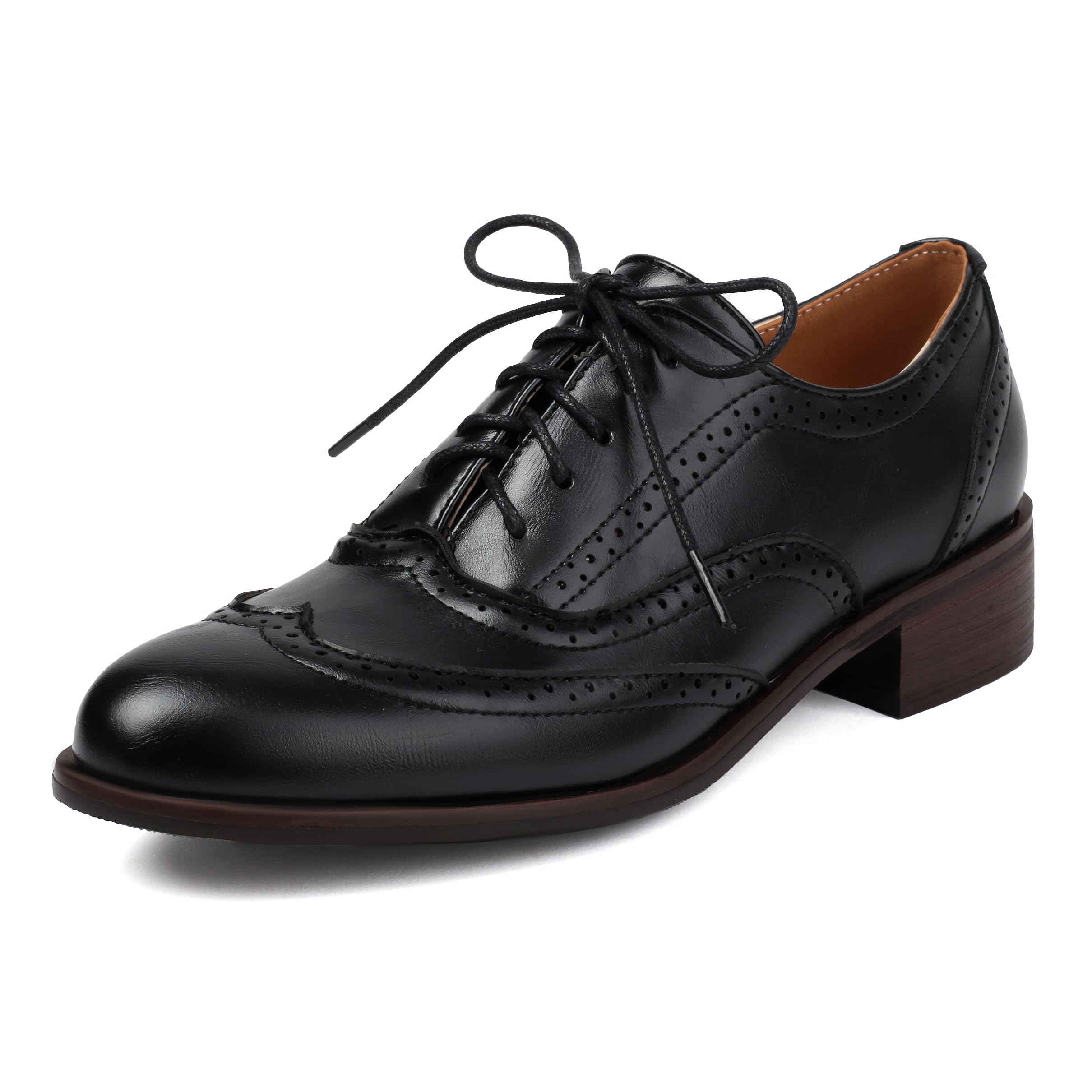 Womens Lace Up Chunky Heel Oxford Wingtip Brogue Formal Business Low Heel Flats Comfortable Dress Shoes Vintage Round