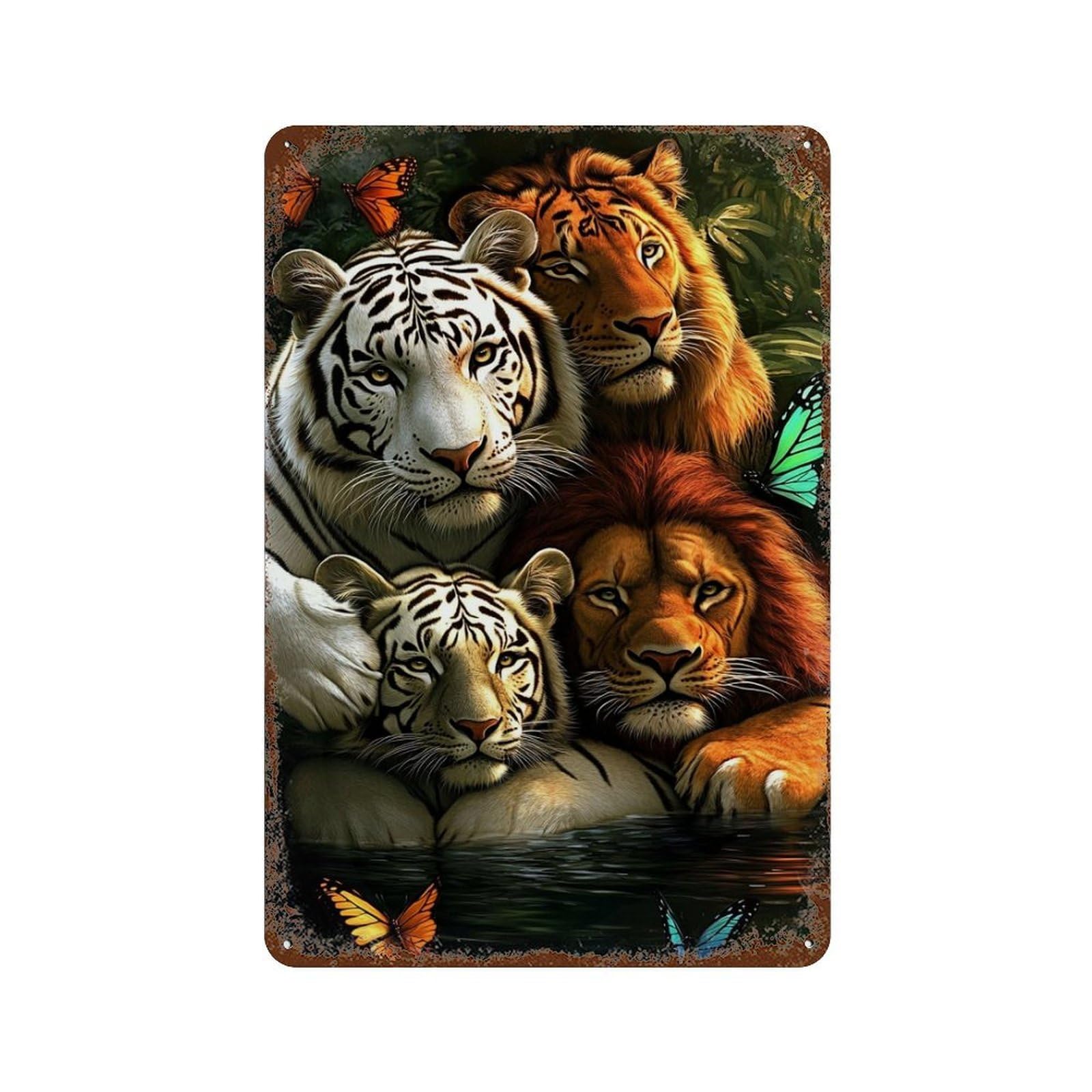 Tiger Lion Butterfly Wildlife 11.8"x7.9" Vintage Rust Metal Sign, Novelty Wall Decor for Living Room, Hallway And Home Decor