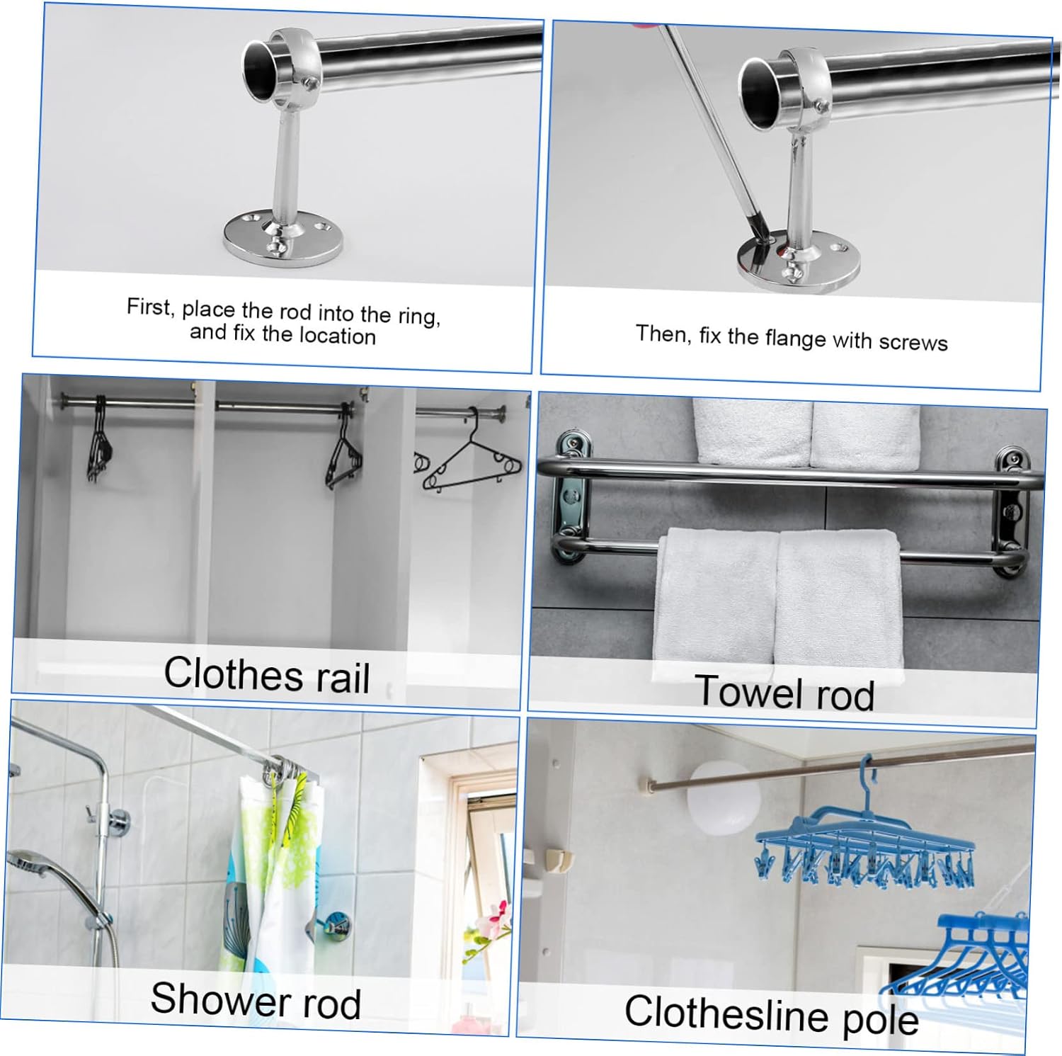 PRETYZOOM 8pcs Stainless Steel Ceiling Mount Hooks Wardrobe Pole Brackets for Closet Rod Prevent Sagging