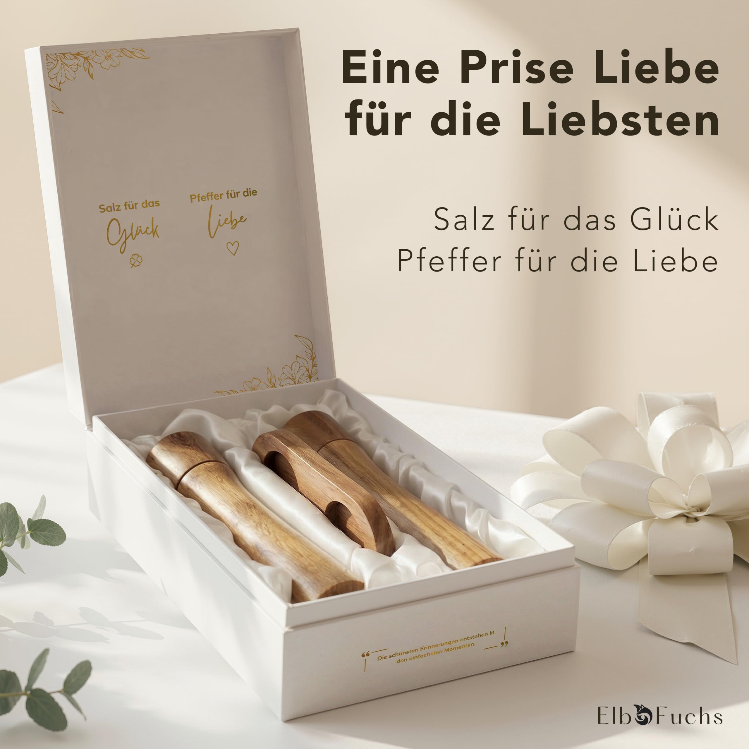ElbFuchs Salz und Pfeffermühle Holz Set aus Akazienholz mit Untersetzer, 2 große Gewürzmühlen stufenlos verstellbar, Hochzeitsgeschenk für Brautpaar, Einzug und Hölzerne Hochzeit