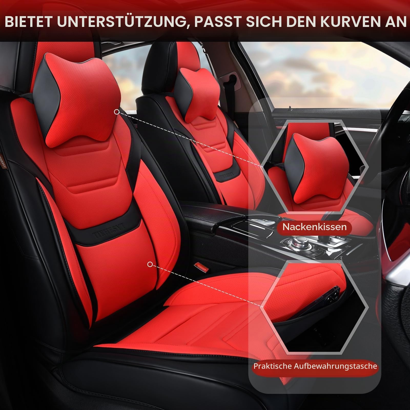 TIEHESYT Komplettset Autositzbezüge aus atmungsaktivem Kunstleder Für Vorder- und Rücksitze inkl. Kopfstützen - passend für die meisten Pkw (Schwarz & rot, Vorder- & Rücksitze)