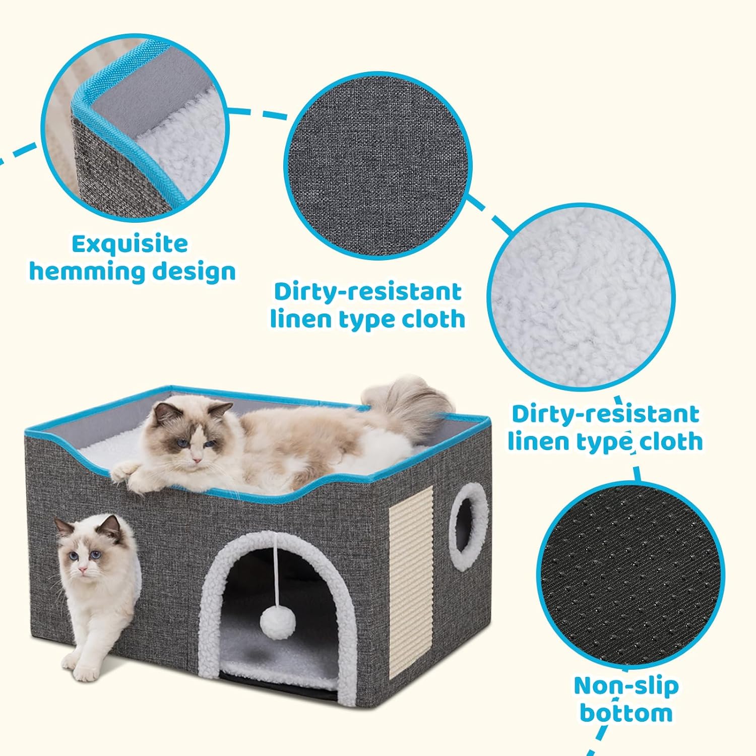 review Cat Beds for Indoor Cats-Large Cat Bed Cave for Cat House with Fluffy Ball and Scratch Pad, Foldable Cat Cando, Cat Cubes, Cat Hideaway, Covered Cat Bed for Multi Small Pet Large Kitty (Grey)