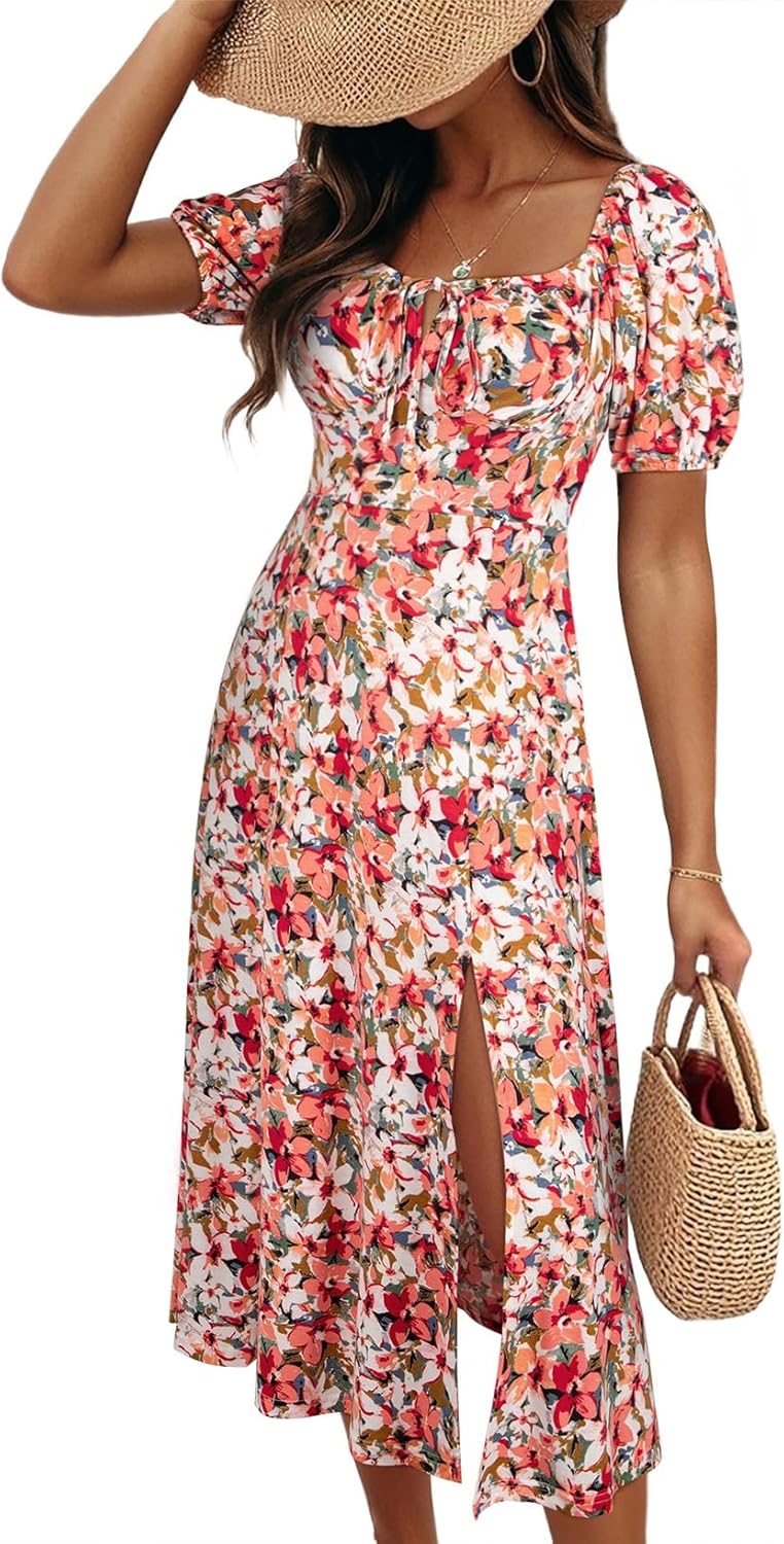 BLENCOT Womens Casual Summer Square Neck Short Sleeve Split Thigh Cotton Dress Boho Floral Print Tie Front Midi Dresses - Image 2