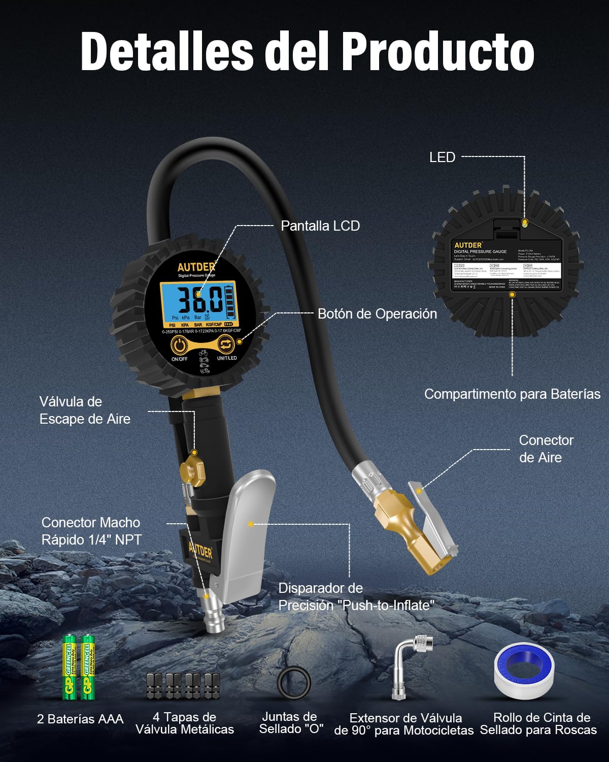 AUTDER Medidor de Presión de Neumáticos Digital con Pantalla LCD, 250 PSI, Inflador 3-en-1, Manguera de Goma Resistente y Acople Rápido – Para Coches, Camiones, Motocicletas, Bicicletas, Amarillo