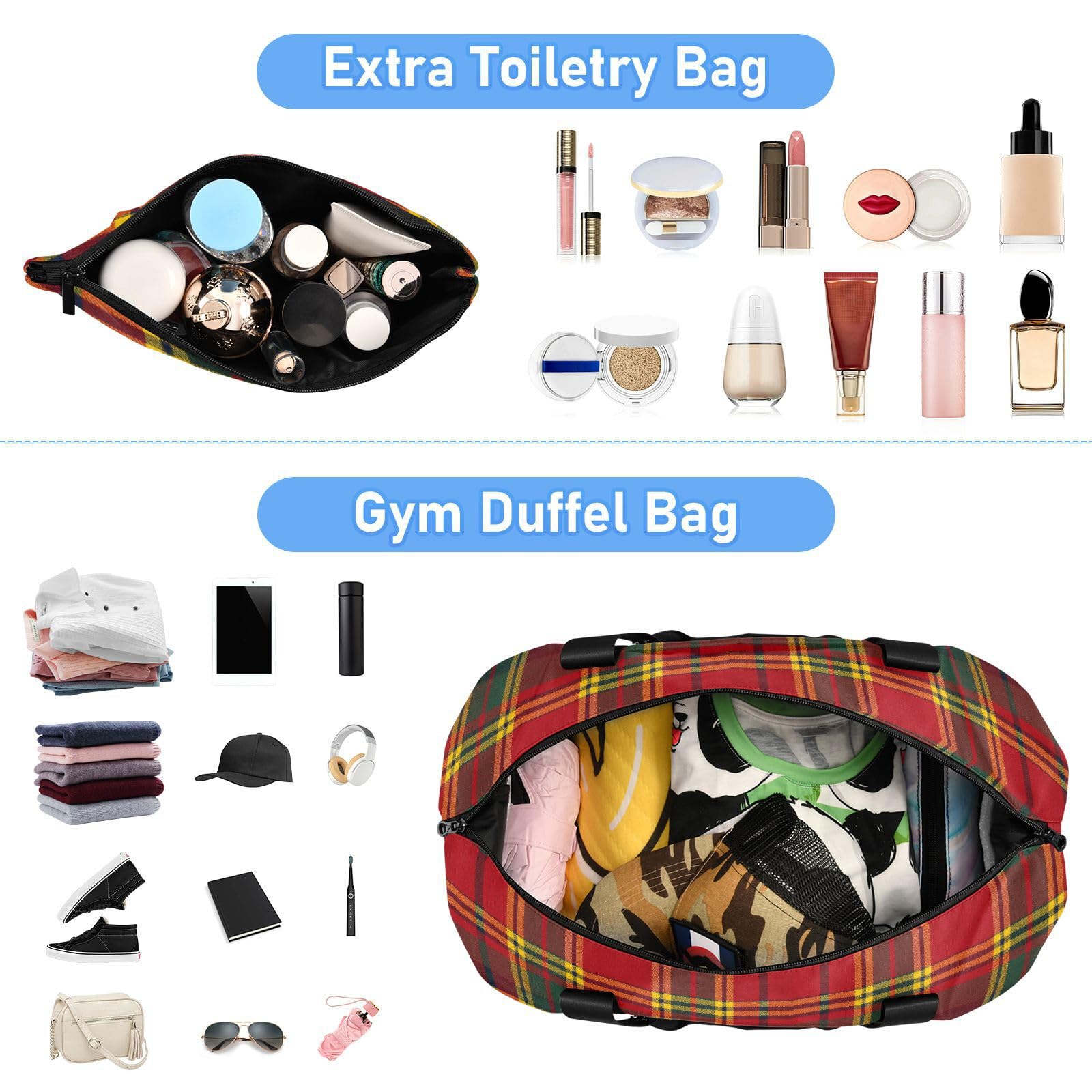 Bolsa de lona escocesa a cuadros de tartán rojo con bolsillo mojado, correa ajustable, bolsas de lona para yoga, gran capacidad para hombres y mujeres