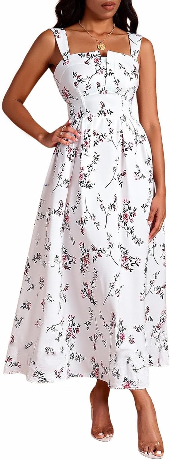 Women's Summer Floral Midi Dress Elegant Square Neck A line Flowy Boho Vacation Sundress