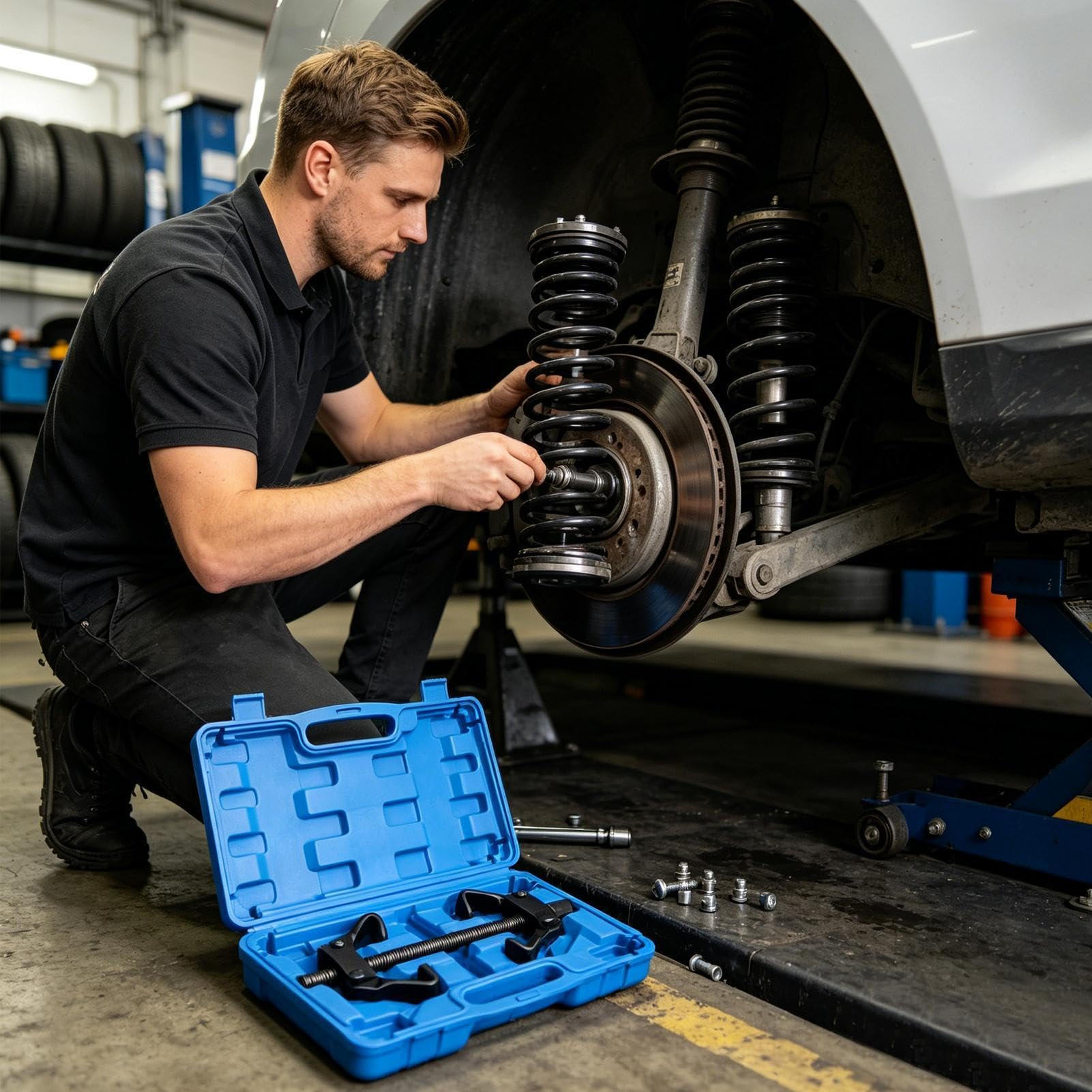 Strumento compressore per auto Smontatore con ganasce artigliate per uso | Attrezzo installatore rimuovi elicoidali interne montante per auto, veicoli, automotive, garage e manutenzione