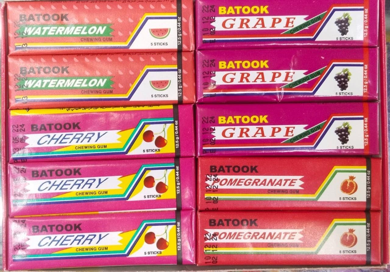 Batook Chewing Gum Variety Pack of Mix Flavours 5 Watermelon,5 Cherry,5 Grape,5 Pomegranate (20 X 12.5g), 250g