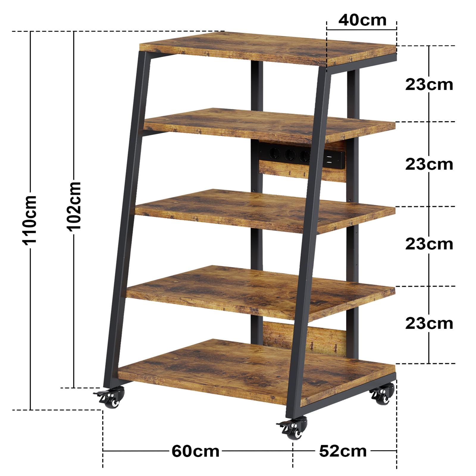 Estante de 5 niveles HiFi con ruedas, tocadiscos, mesa con regletas, luces LED, estante ajustable de madera, soporte para medios HiFi para sistemas de audio, estéreo, 60 x 52 x 110 cm