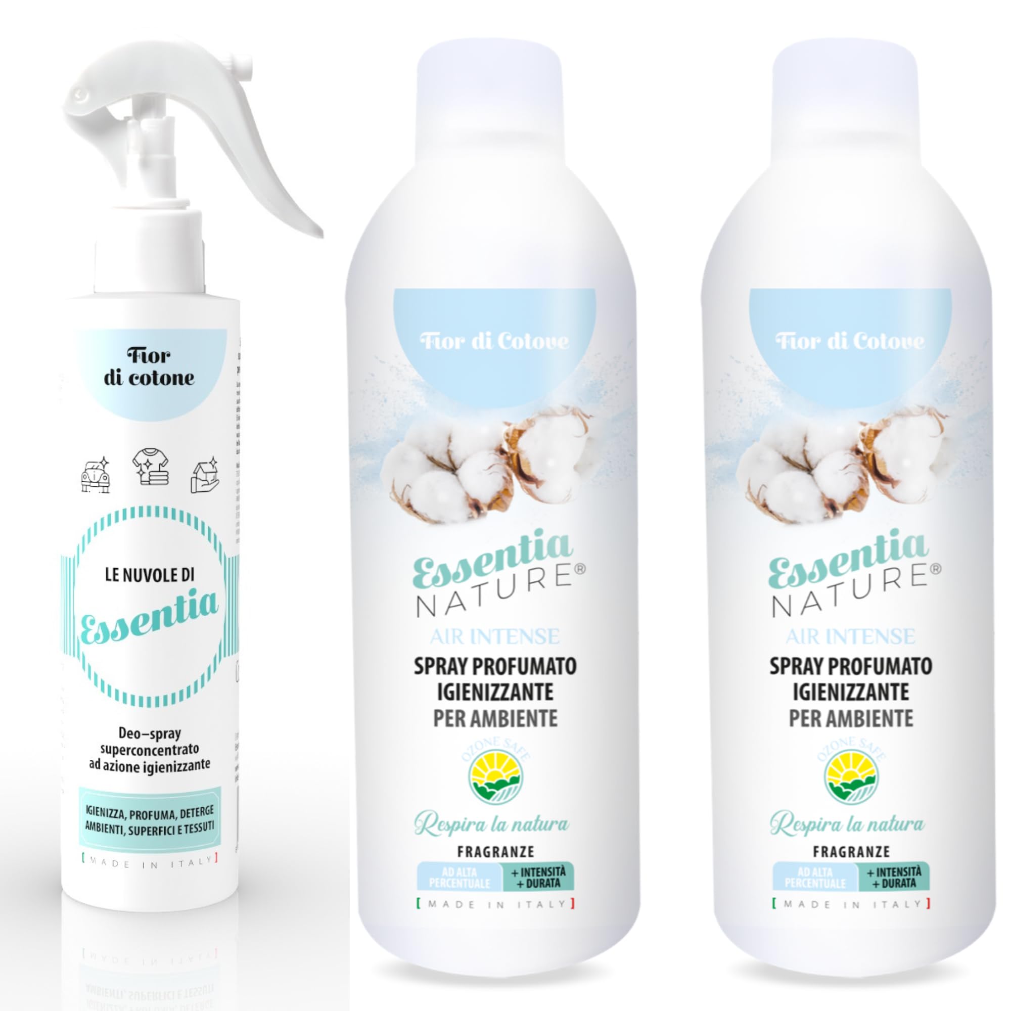 ESSENTIA Le nuvole, Profumo Igienizzante Spray per Tessuti e Superfici + Air Intense, Spray Profumato per Ambiente | Fior di Cotone