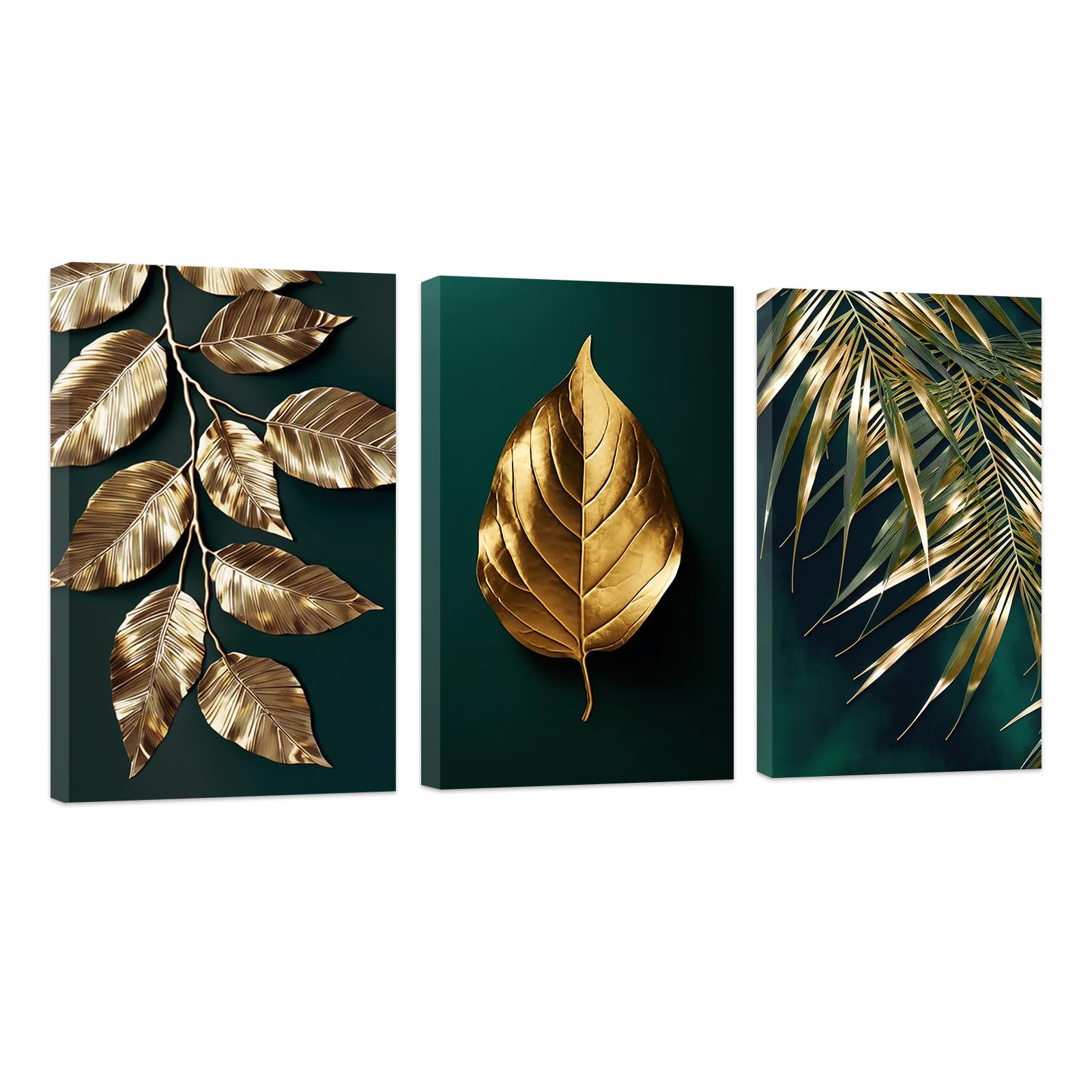 ZXHYWYM Abstract Leaves Wall Art 3 Pieces Green and Gold Wall Decor Plants Pictures Golden Leaf Branches Canvas Prints Modern Living Room Home Decor Framed (B, (60x90cmx3)) โ image 1