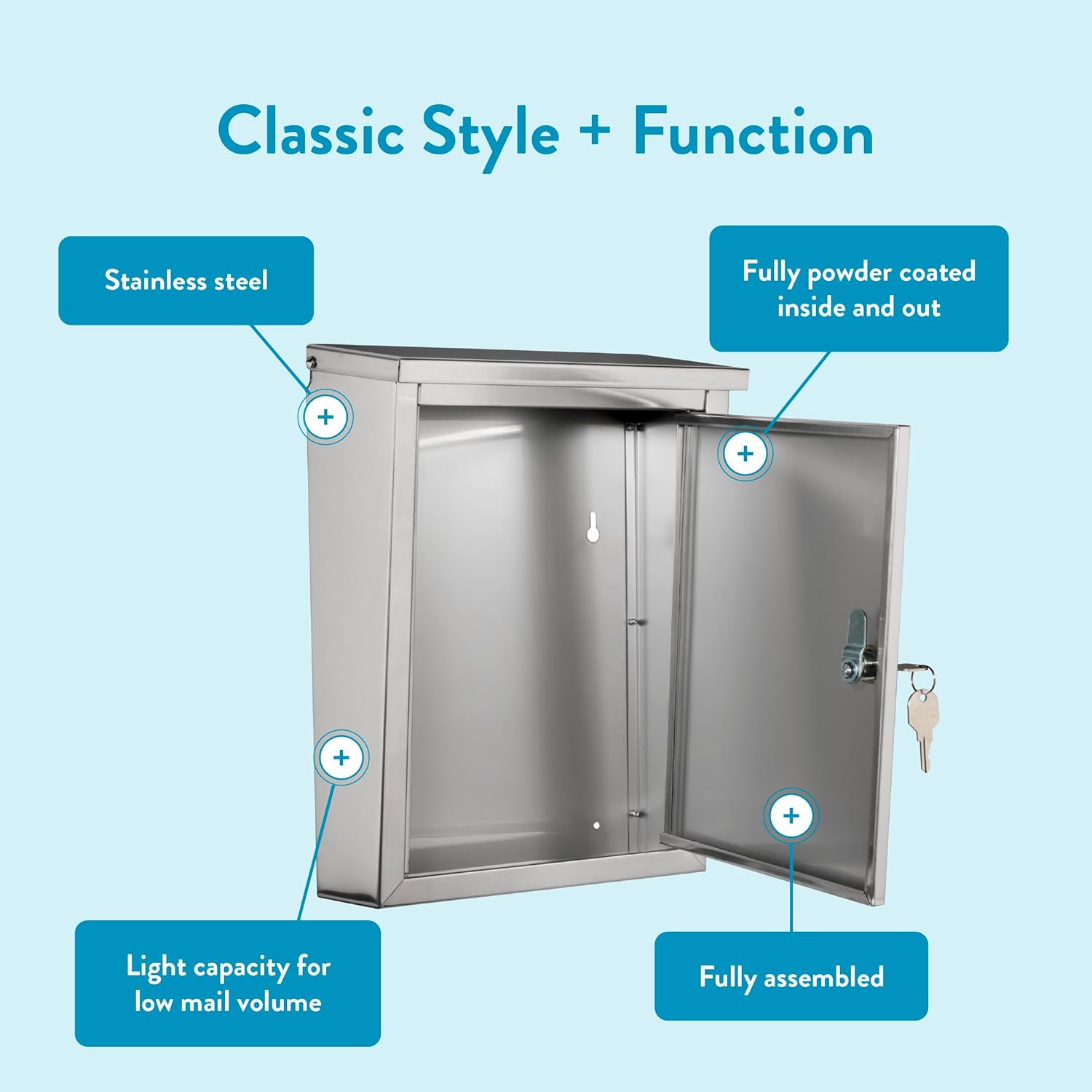 Architectural Mailboxes Regent™ Locking, Vertical Wall-Mounted Mailbox for Outside, Metal Stainless Steel Small Mail Box with Lock and Key Drop Box