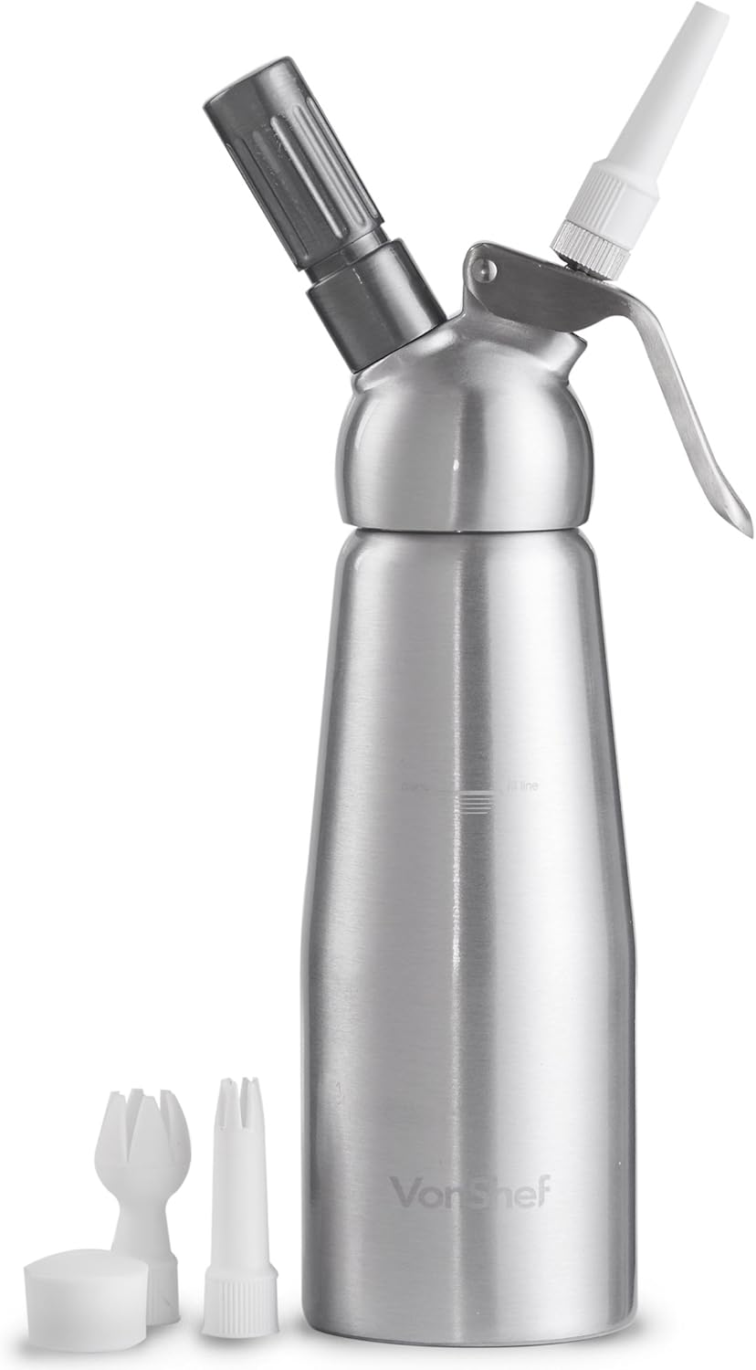 VonShef Whipped Cream Dispenser 1 Pint (500ml) Cream Whipper with 3