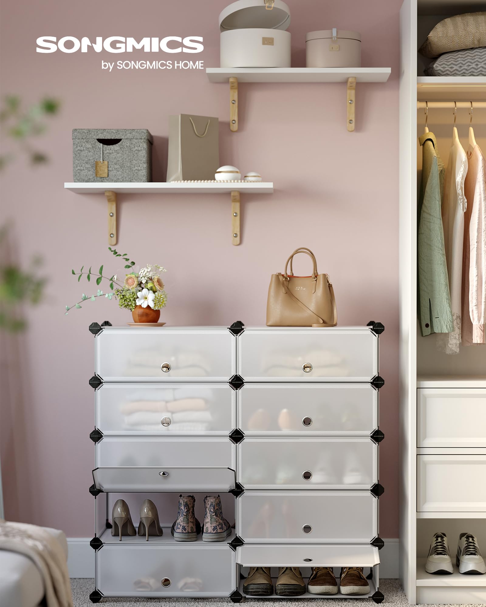 SONGMICS Zapatero Modular con 10 Compartimentos Cajas, Estantería DIY de Plástico, con Puerta, con Martillo, Blanco LPC10W