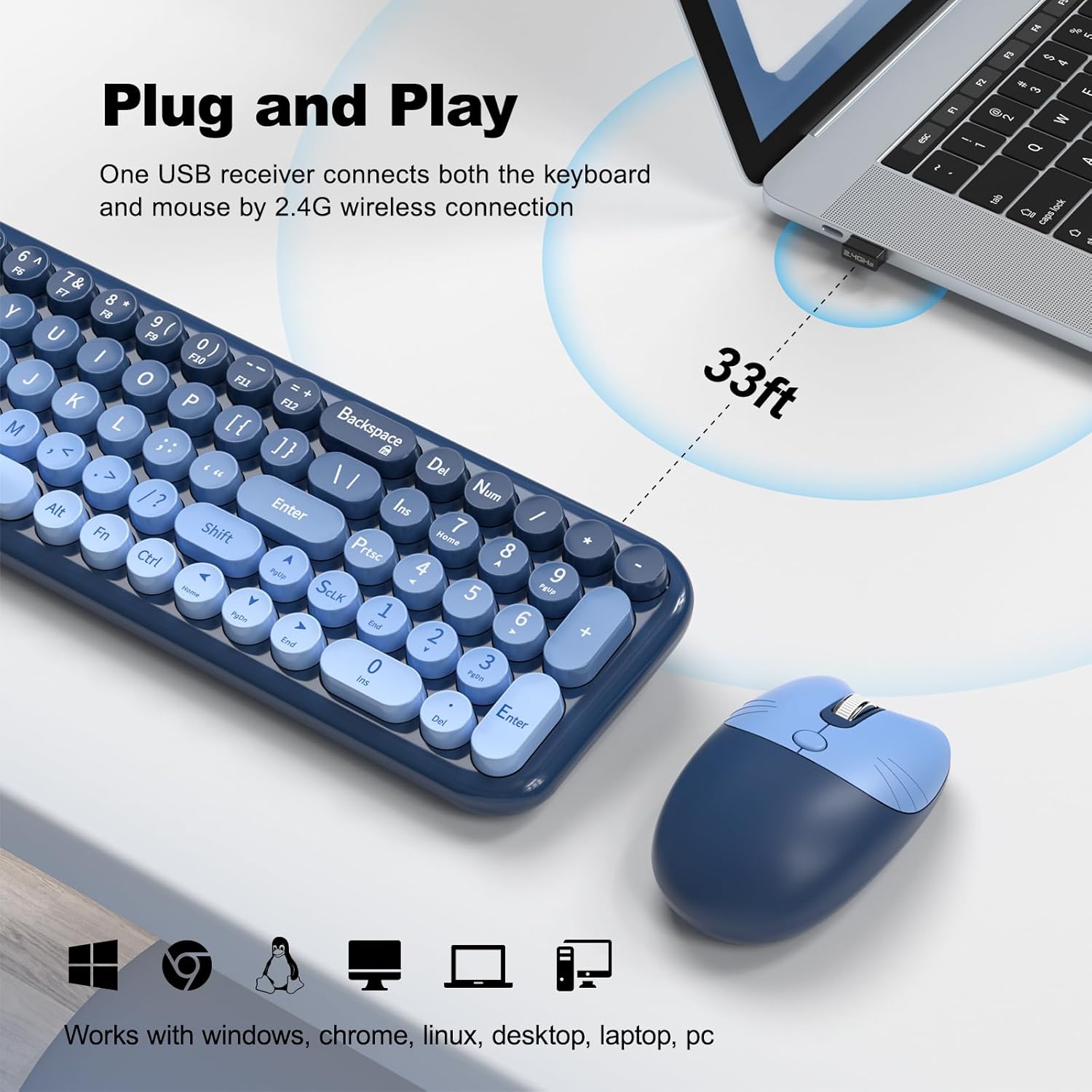 Wireless Keyboard and Mouse Combo, Typewriter Keyboard with Compact Size, Cute Cat Shaped Mouse, USB Plug and Play for Windows, Computer, PC, Laptop, Desktop (Blue Gradient)