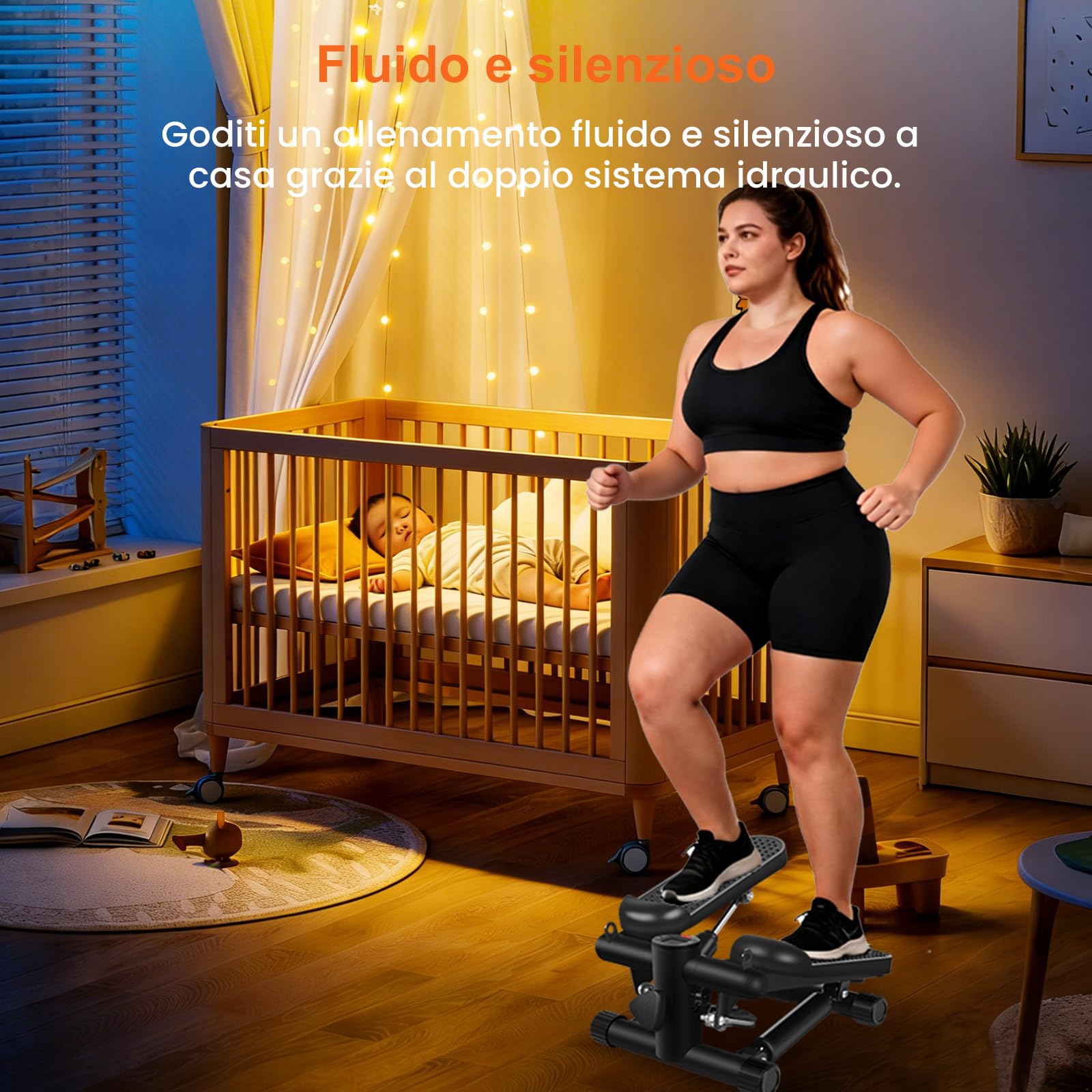 Mini stepper per esercizi a casa, resistenza regolabile per scale con monitor LCD, pedali antiscivolo e fasce di resistenza per allenamento cardio completo del corpo