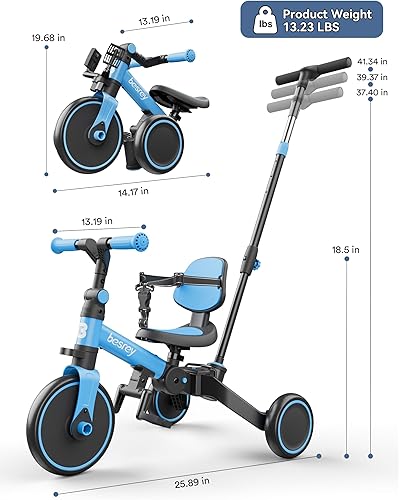 Miniatura 9 de besrey Bicicleta para niños 4 en 1, triciclo para niños de 1 a 3 años, triciclo con manillar, respaldo y cinturón de seguridad, regalos de